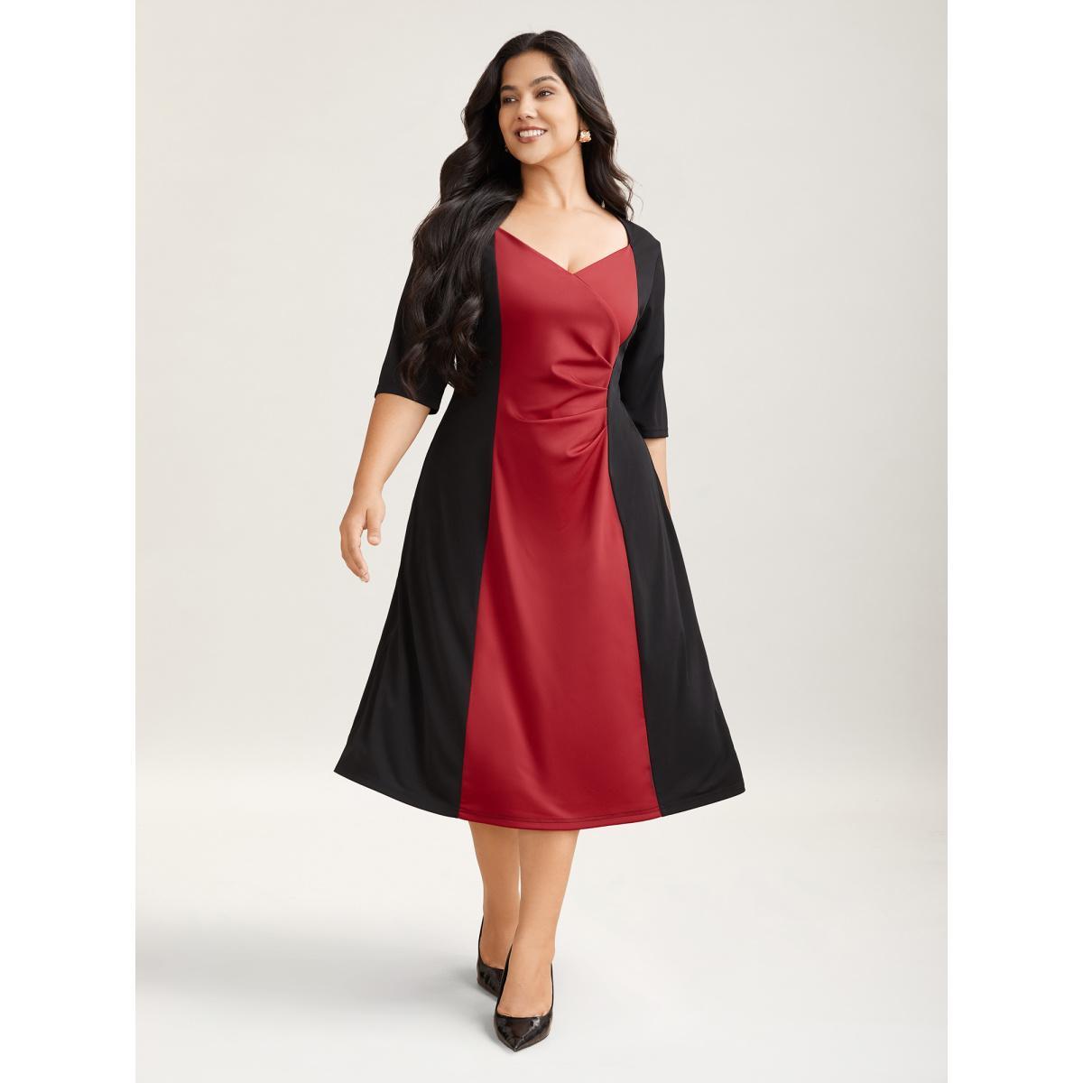Plus Size Color Block Fitted Waist Overlap Neck Dress Burgundy Women At the Office Contrast Knit Dresses Bloomchic 18-20/2X Product Image