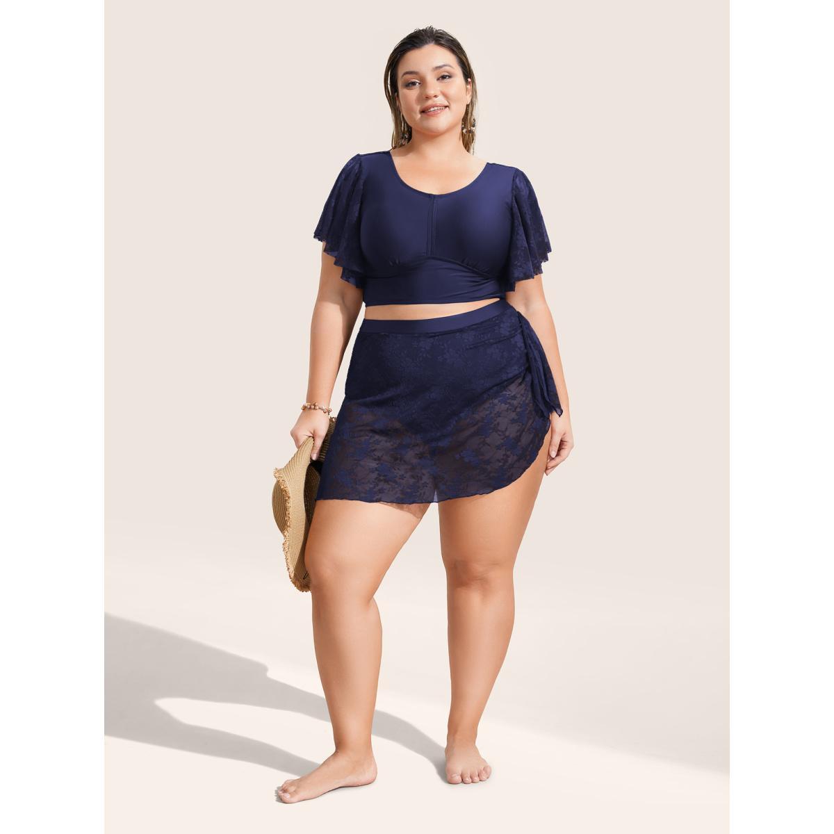 Plus Size Crochet Lace Mesh Tie Knot Swim Bottom Women's Swimwear Black Beach Texture High stretch Bodycon High Rise Curve Swim Bottoms BloomChic 26/4X Product Image