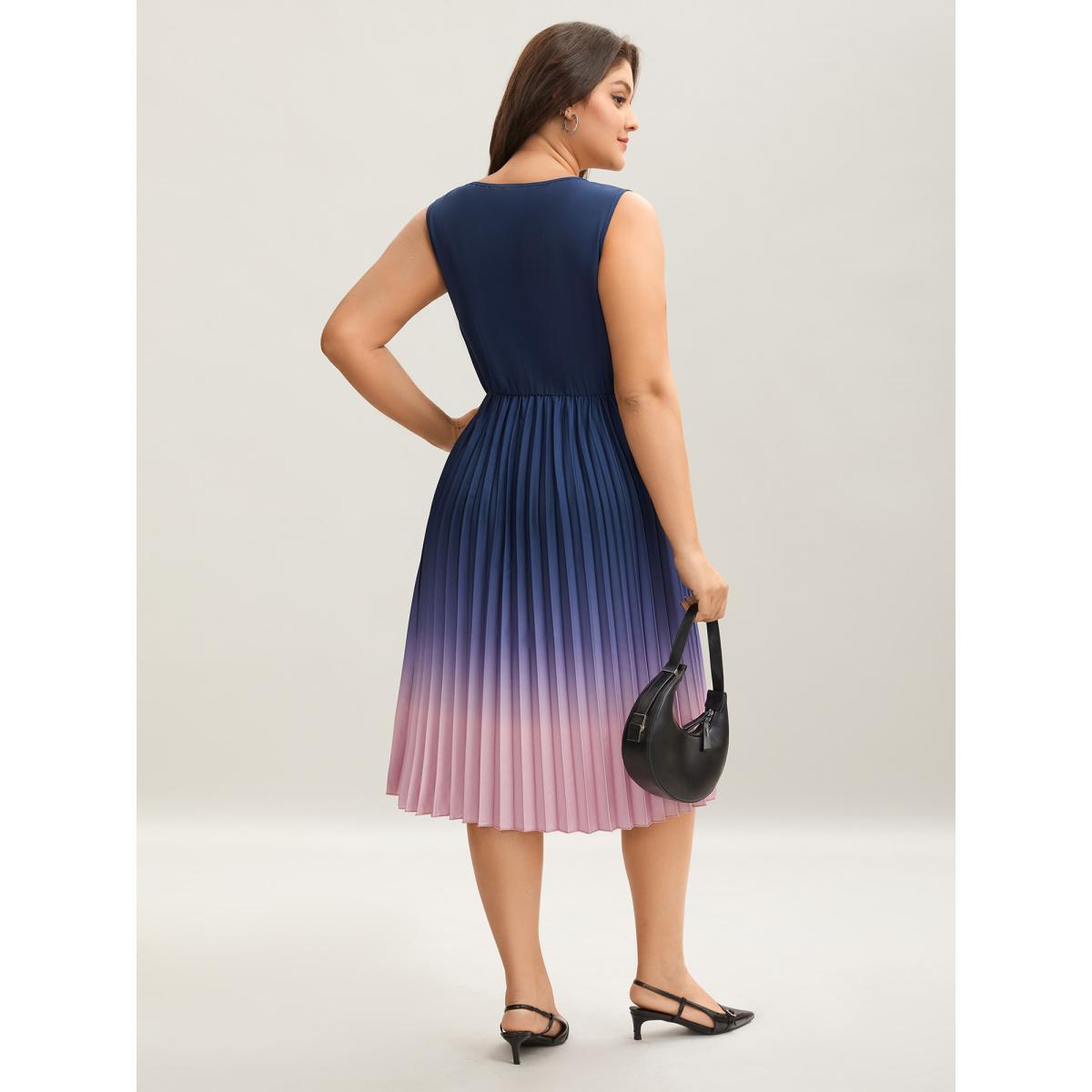Plus Size Ombre Gradient Pleated Sleeveless Midi Dress Navy Women At the Office Pleated Round Neck Sleeveless Curvy BloomChic 12/L Product Image