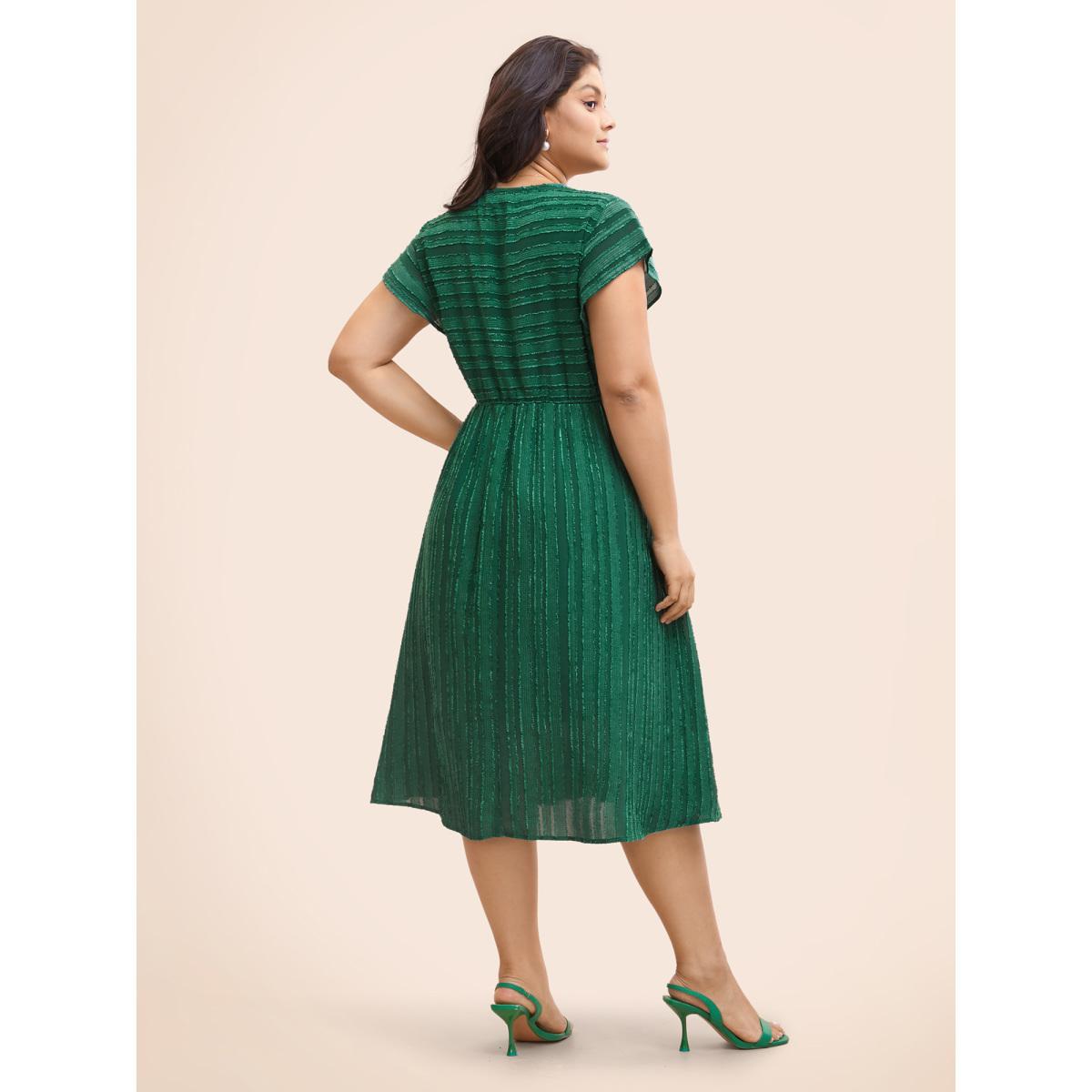 Plus Size Overlap Collar Plain Textured Midi Dress DarkGreen Women Elegant Texture Overlap Collar Cap Sleeve Curvy BloomChic 26/4X Product Image