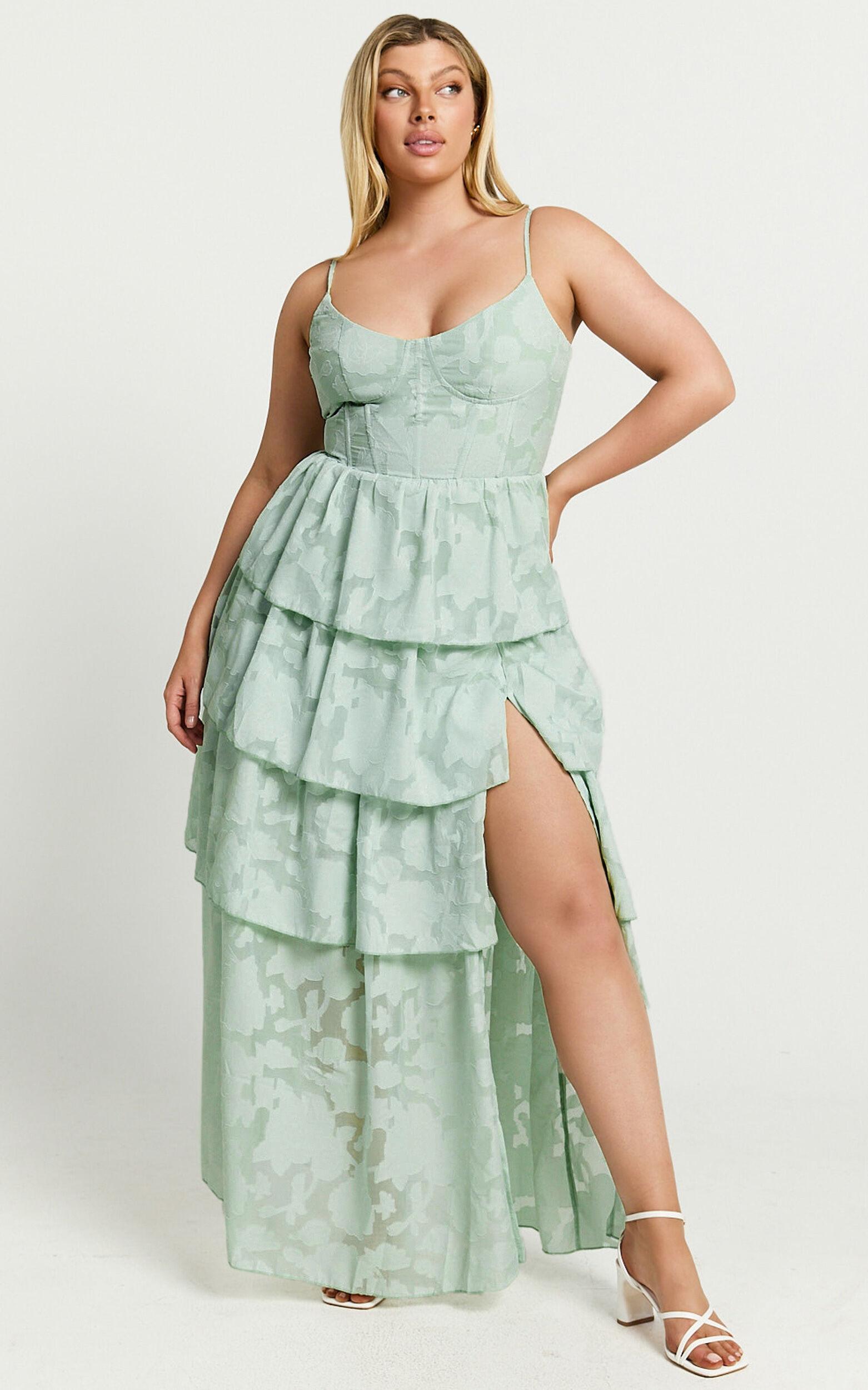 Janezkie Maxi Dress - Femme Tiered Jacquard Formal Dress in Mint Product Image