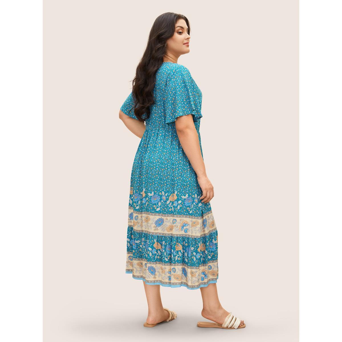 Plus Size Bandana Keyhole Ruffle Sleeve Midi Dress Mediumblue Women Resort Gathered Notched collar Short sleeve Curvy BloomChic 12/L Product Image