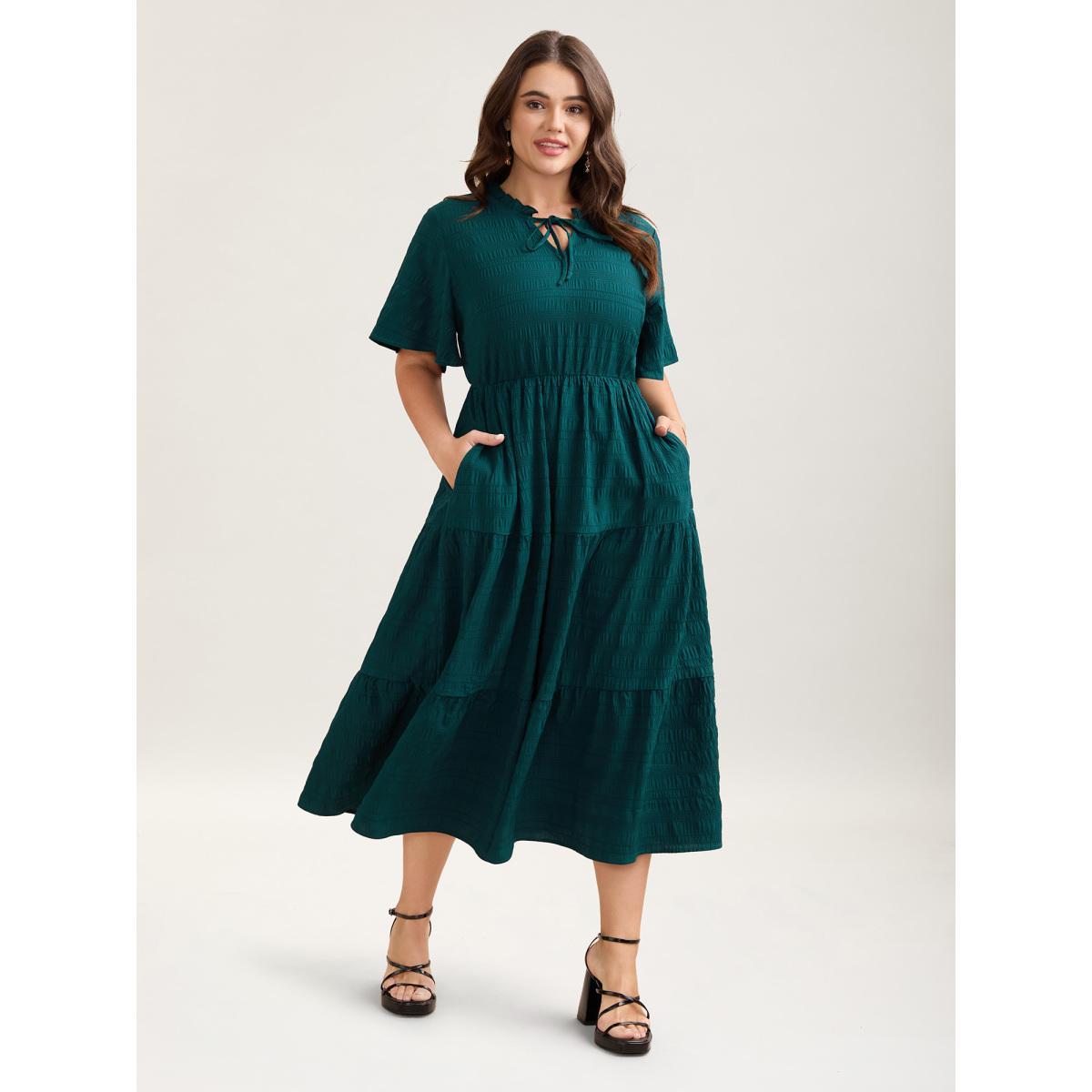 Plus Size Stretchy Waist Frill Trim Pockets Midi Dress Teal Women Elegant Tie knot Flat collar with V-notch Short sleeve Curvy BloomChic 14-16/1X Product Image