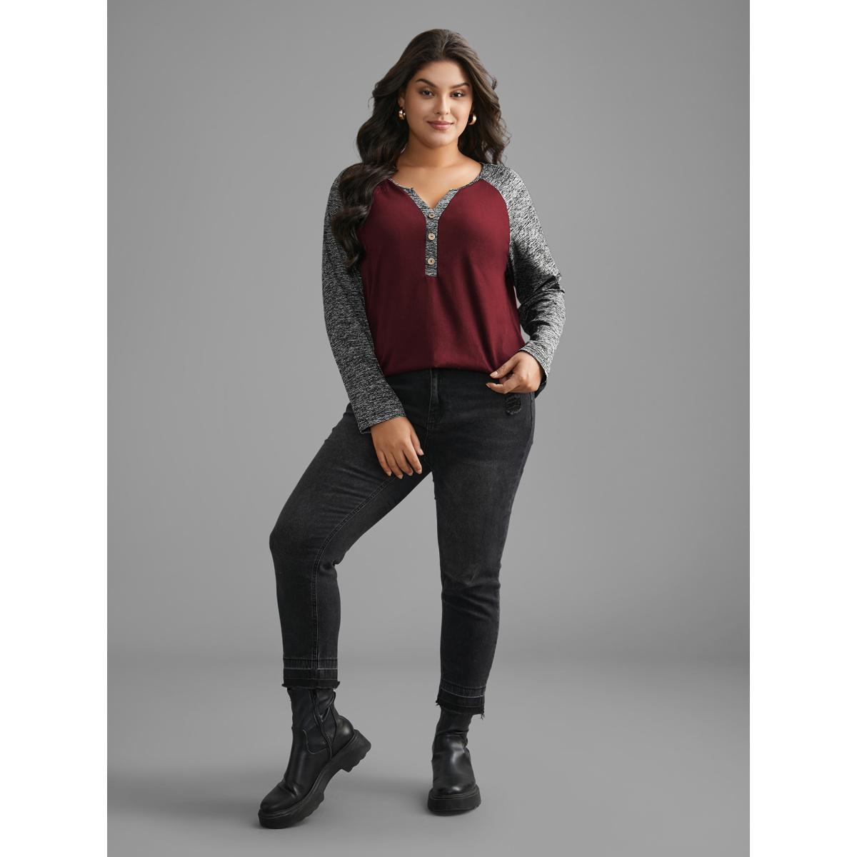 Plus Size Heather Patchwork Button Detail Stretchy T-Shirt Burgundy Women Casual Contrast Flat collar with V-notch Everyday T-shirts BloomChic 12/L Product Image