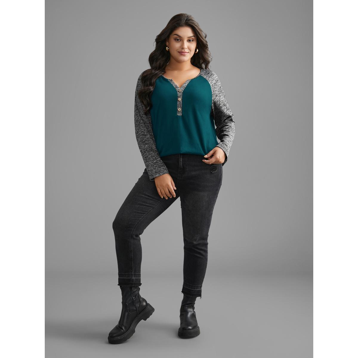Plus Size Heather Patchwork Button Detail Stretchy T-Shirt Cyan Women Casual Contrast Flat collar with V-notch Everyday T-shirts BloomChic 28/5X Product Image
