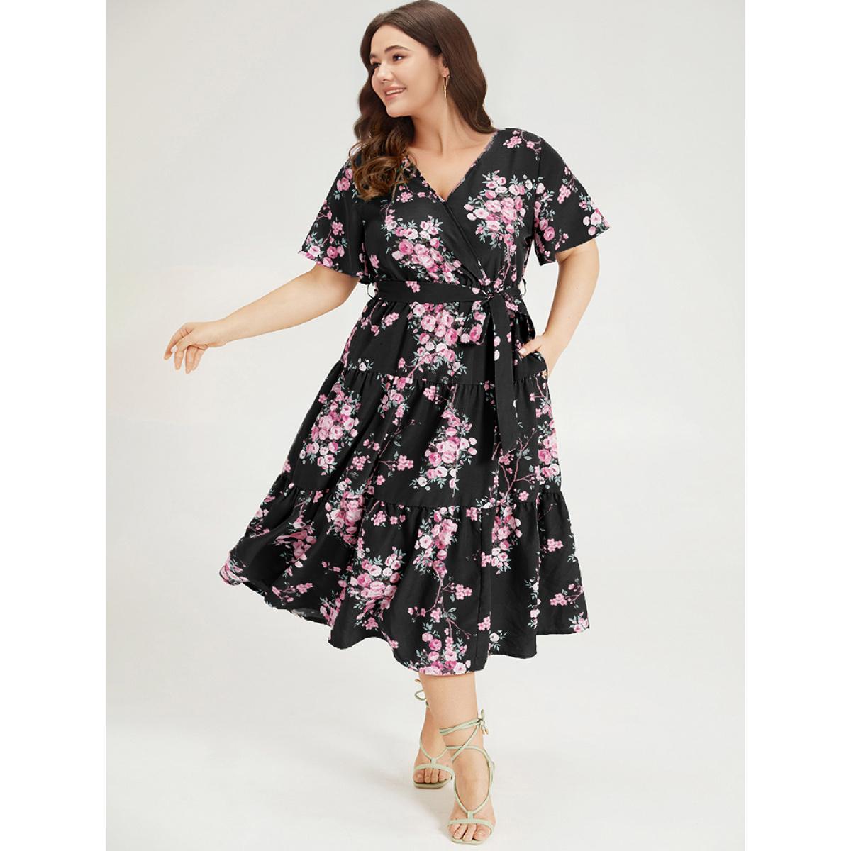 Plus Size Floral Print Wrap Belted Pocket Ruffle Hem Dress Black Women Elegant Lined V-neck Short sleeve Curvy Midi Dress BloomChic 30/6X Product Image