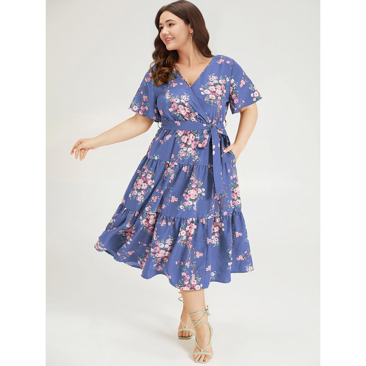 Plus Size Floral Print Wrap Belted Pocket Ruffle Hem Dress Green Women Elegant Lined V-neck Short sleeve Curvy Midi Dress BloomChic 22-24/3X Product Image