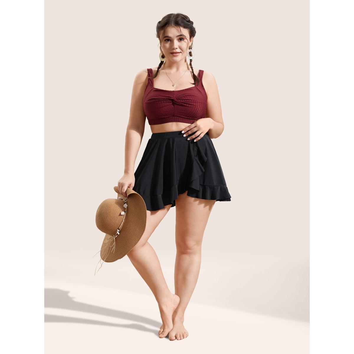 Plus Size Solid Ruffle Trim Elastic Waist Swim Bottom Women's Swimwear Black Beach Gathered High stretch Bodycon High Rise Curve Swim Bottoms BloomChic 10/M Product Image