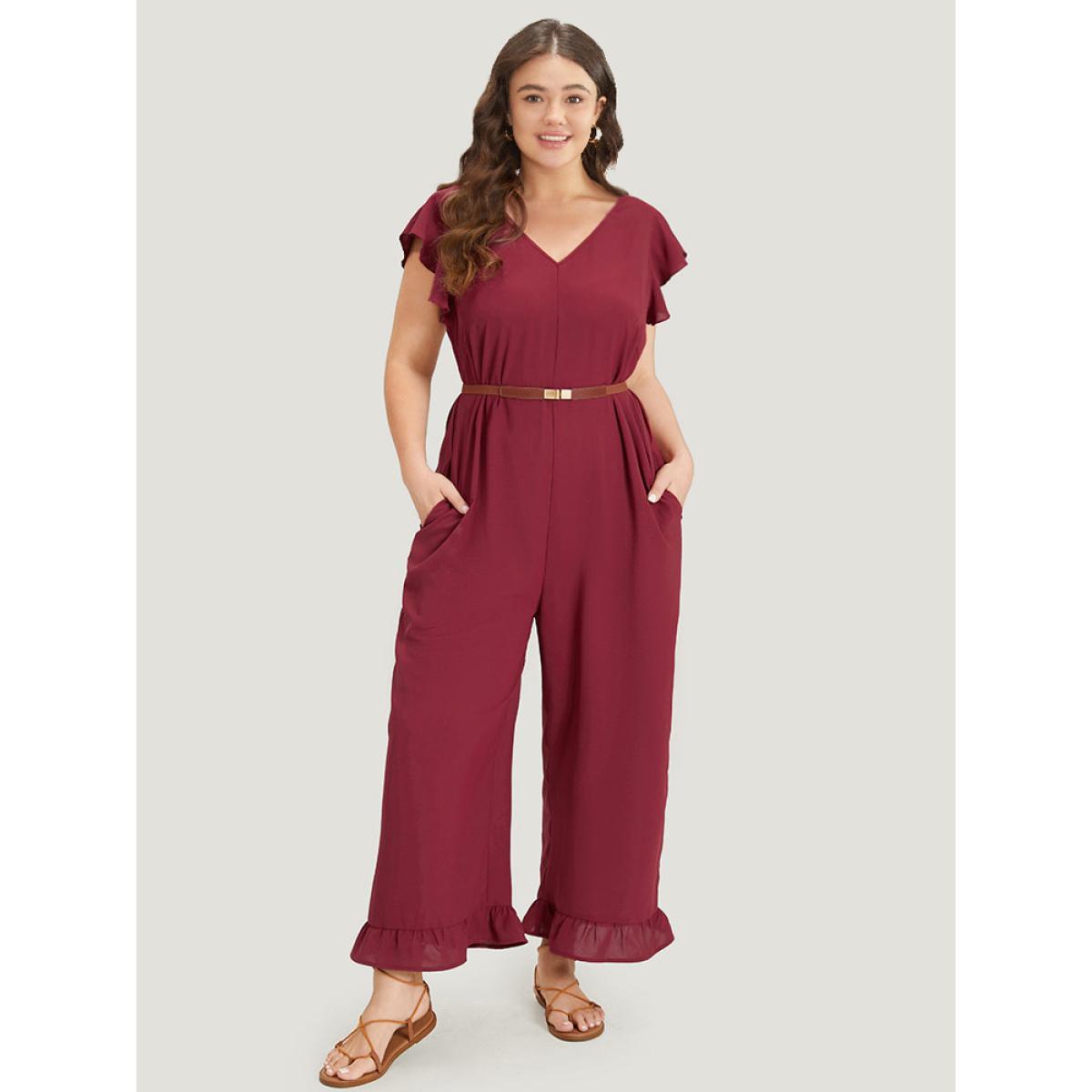 Plus Size Burgundy Plain Ruffle Cap Sleeve V Neck Zipper Jumpsuit Women Casual Cap Sleeve V-neck Dailywear Loose Jumpsuits BloomChic 22-24/3X Product Image