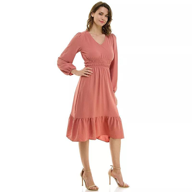 Women's Luxology Smocked Waist V Neck Midi Dress, Size: Large, Clay Product Image
