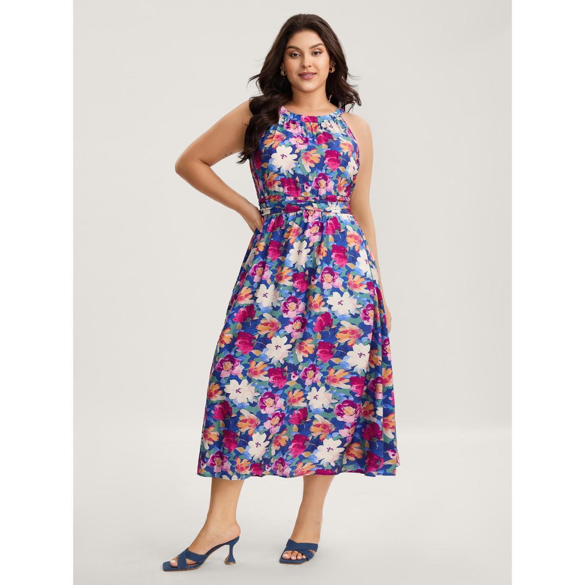 Plus Size Color Block Floral Shirred Waist Midi Dress Multicolor Women Round Neck Sleeveless Curvy BloomChic 14-16/1X Product Image