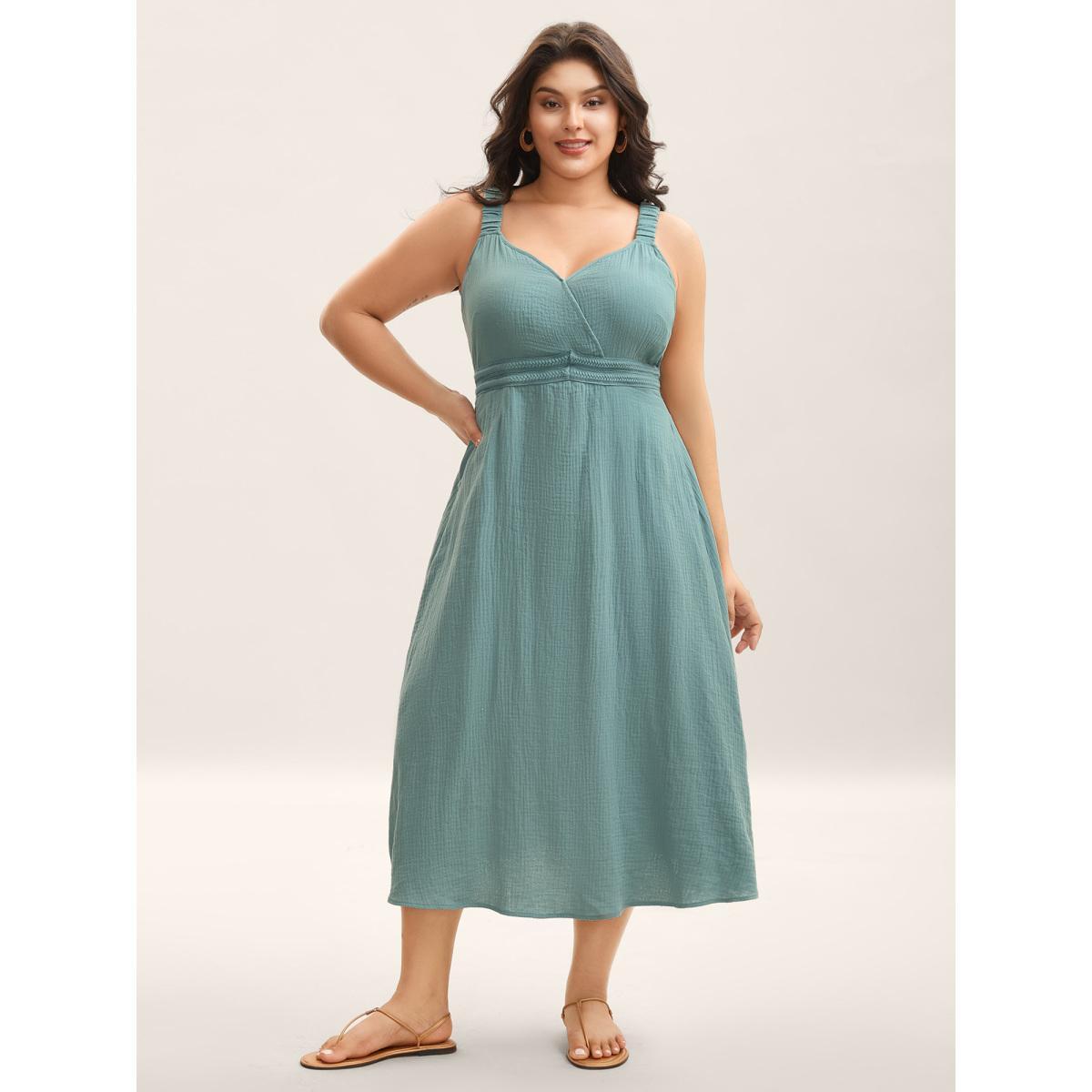 Plus Size Cotton Textured Cinched-Waist A-Line Midi Dress Teal Women V-neck Sleeveless Curvy BloomChic 10/M Product Image