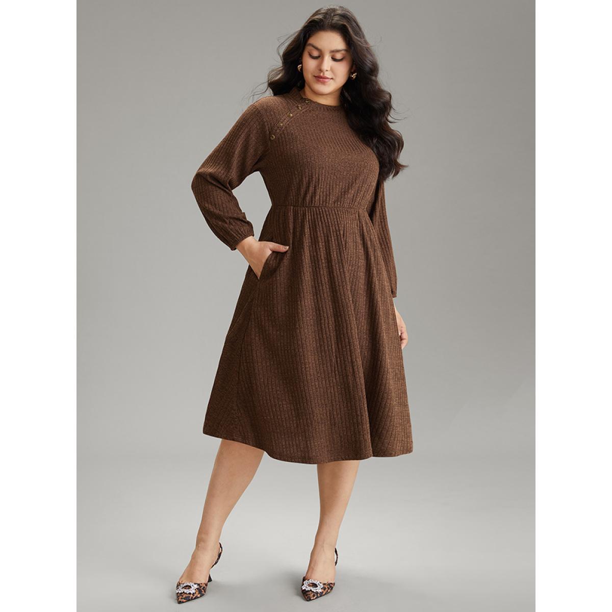 Plus Size Rib Knit Mock Neck Button Detail Lantern Sleeve Dress DarkBrown Women Office Elastic cuffs Mock Neck Long Sleeve Curvy Midi Dress BloomChic 12/L Product Image