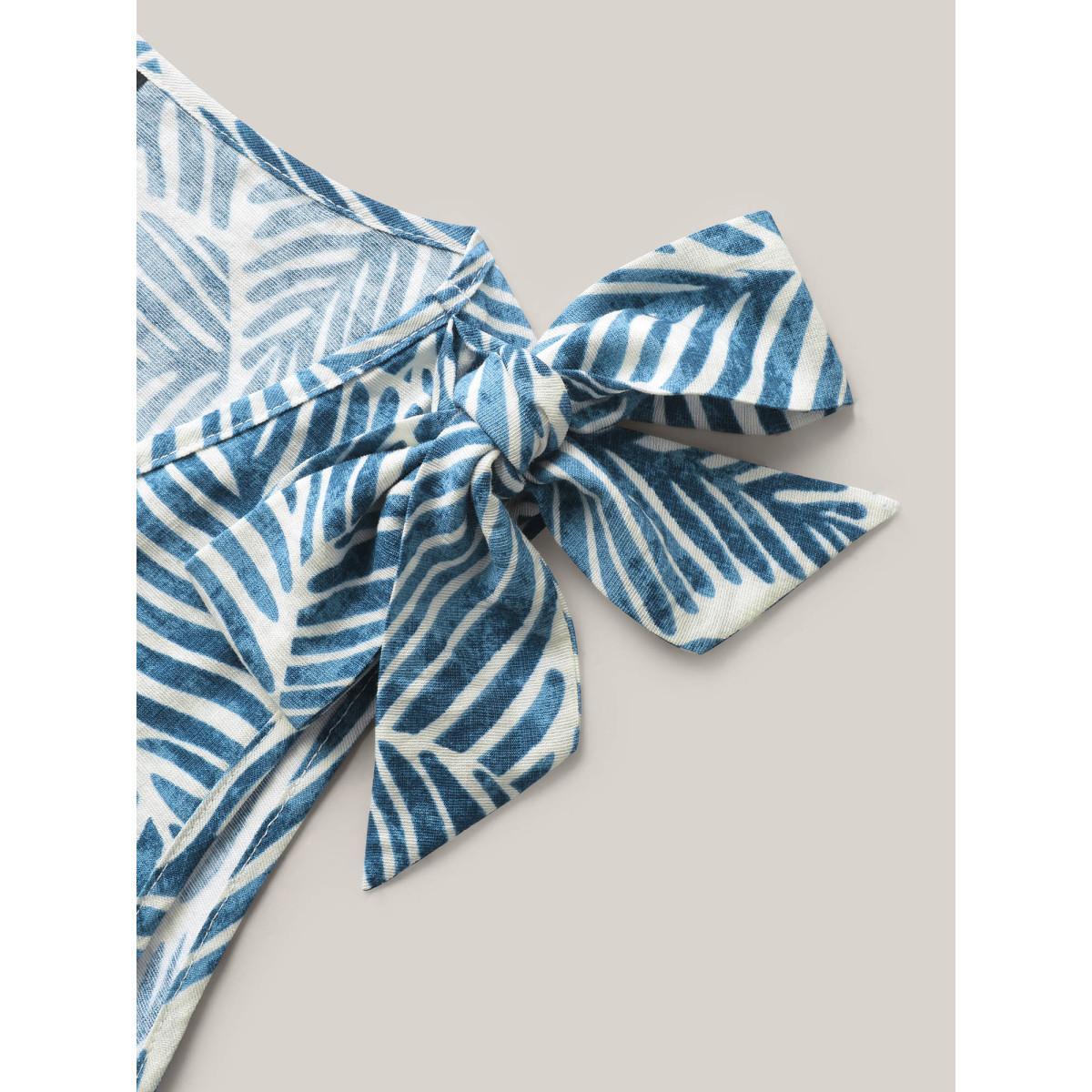 Plus Size Bow Shoulder Leaf Print Button Tank Top Women Mediumblue Tie knot V-neck Vacation Tank Tops Camis BloomChic 26/4X Product Image
