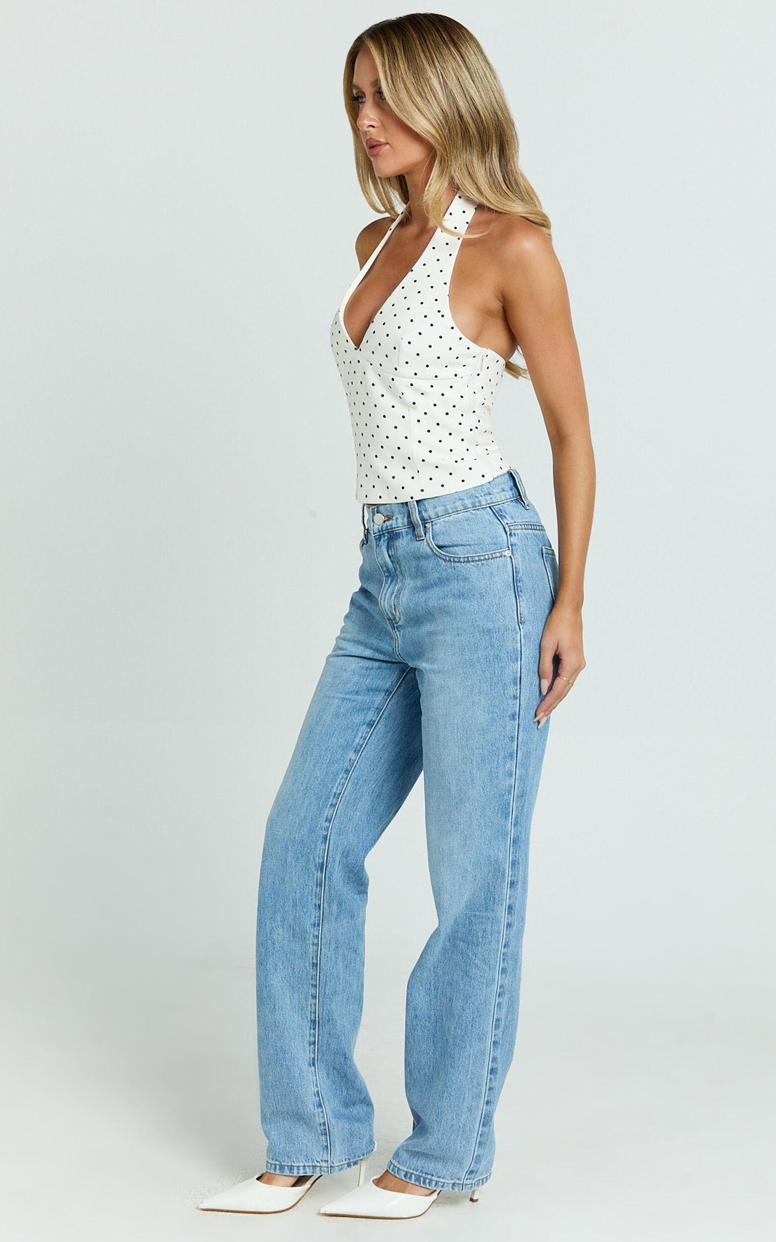 Amani Top - Recycled Halter Plunge Neck Polkadot Top in White Product Image