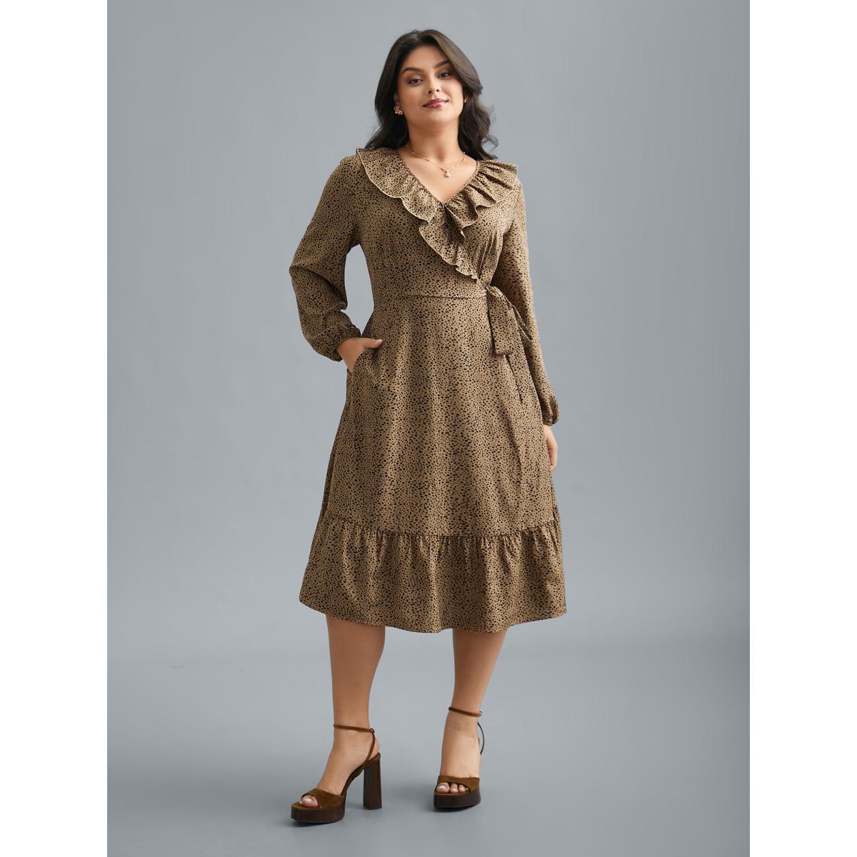Plus Size Ruffled Neck Stretchy Waist Tiered Midi Dress Tan Women Elegant Tie knot Overlap Collar Long Sleeve Curvy BloomChic 26/4X Product Image