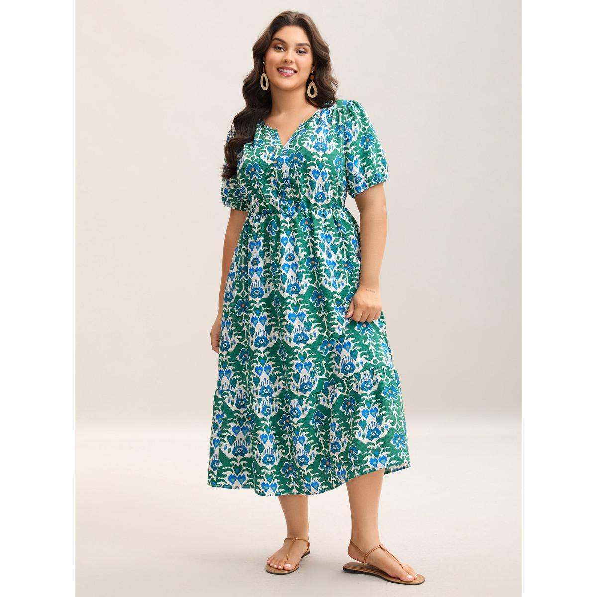 Plus Size Boho Pattern Stretchy Waist Pockets Midi Dress Teal Women Flat collar with V-notch Short sleeve Curvy BloomChic 10/M Product Image