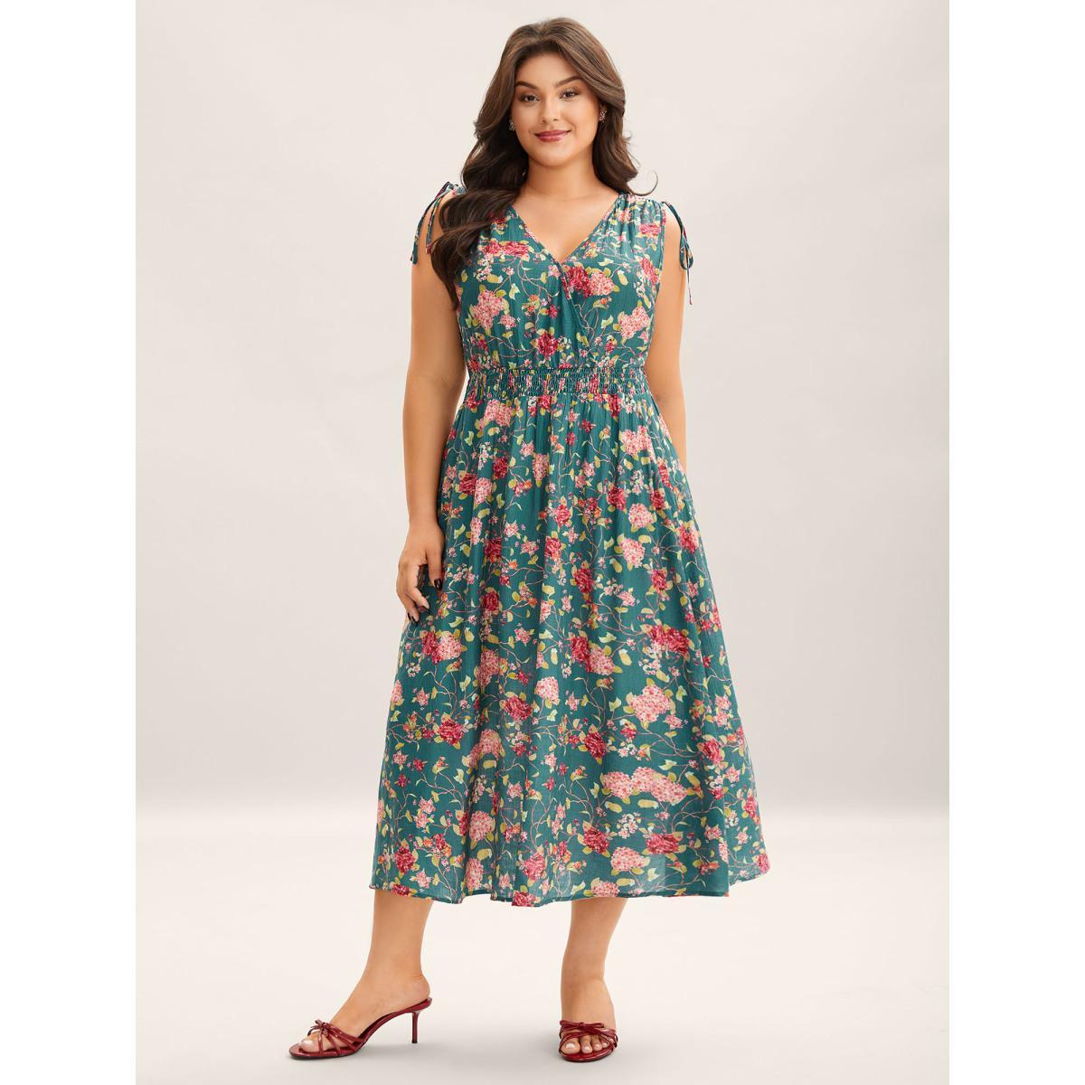 Plus Size Floral Print Shoulder Tie Pockets Midi Dress Cerulean Women Overlap Collar Sleeveless Curvy BloomChic 26/4X Product Image
