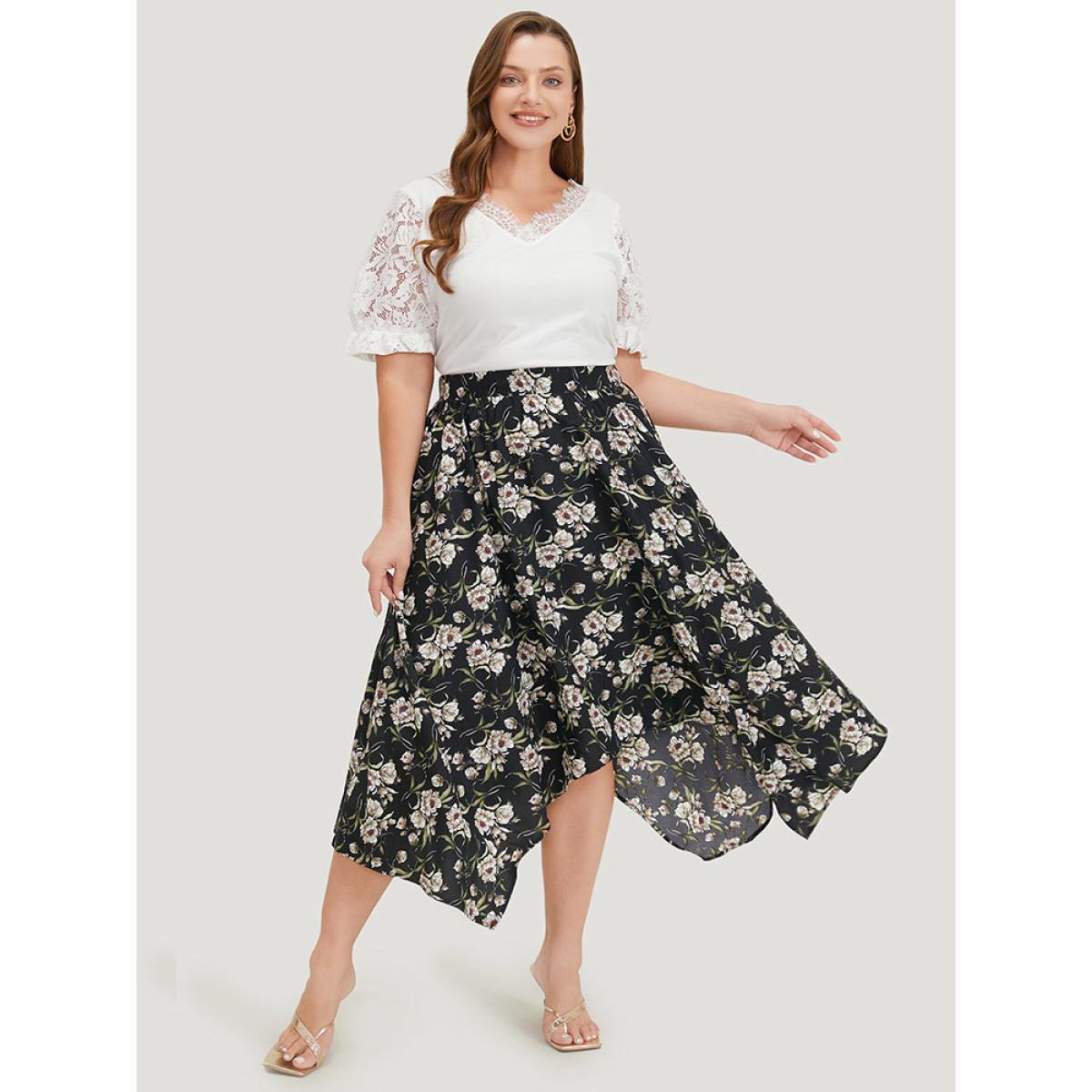 Plus Size Floral Print Pocket Elastic Waist Hanky Hem Skirt Women BlackFlower Elegant Printed No stretch Dailywear Skirts BloomChic 18-20/2X Product Image