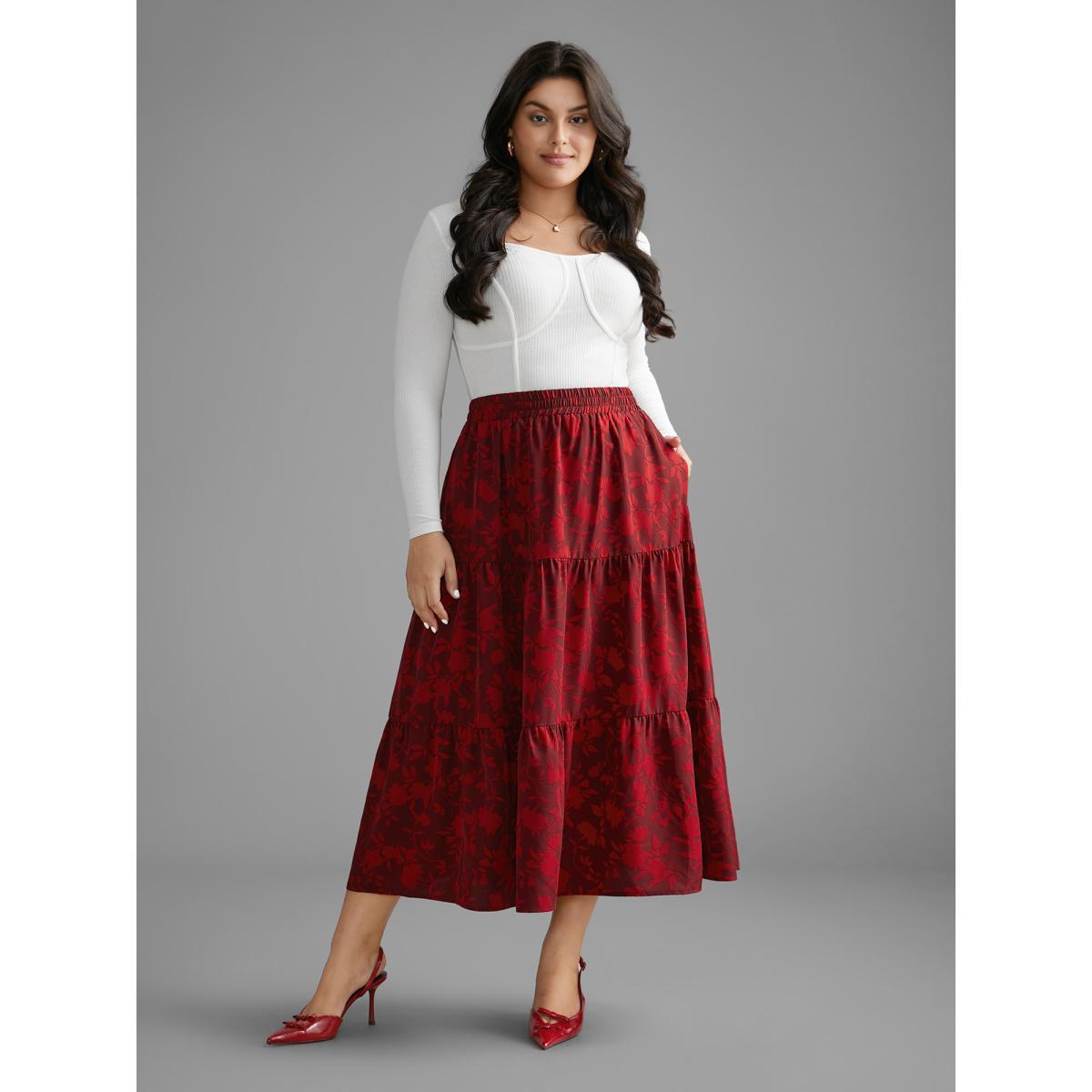 Plus Size Silhouette Floral Print Ruffle Layered Hem Skirt Women Deepred Elegant Loose Low stretch Side seam pocket Everyday Skirts BloomChic 10/M Product Image