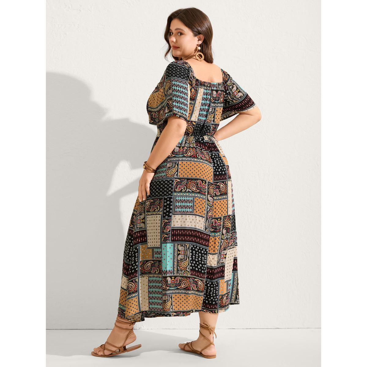 Plus Size Paisley Floral Collage Shirred Pockets Midi Dress Black Women Square Neck Short sleeve Curvy BloomChic 28/5X Product Image
