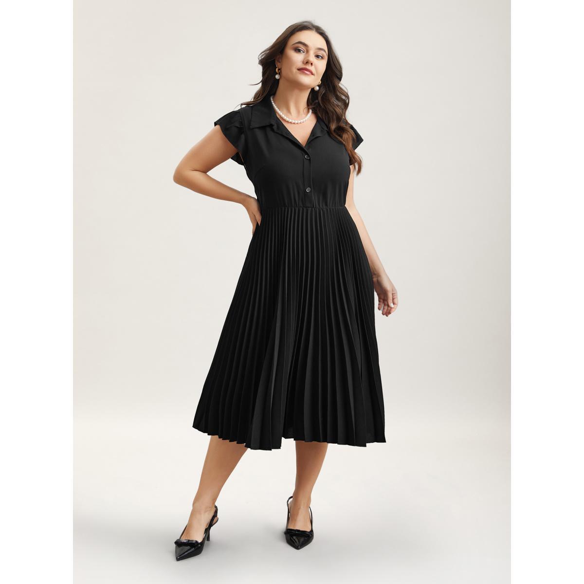 Plus Size Pleated Shirt Collar Solid Midi Dress Black Women At the Office Pleated Shirt collar Cap Sleeve Curvy BloomChic 14-16/1X Product Image