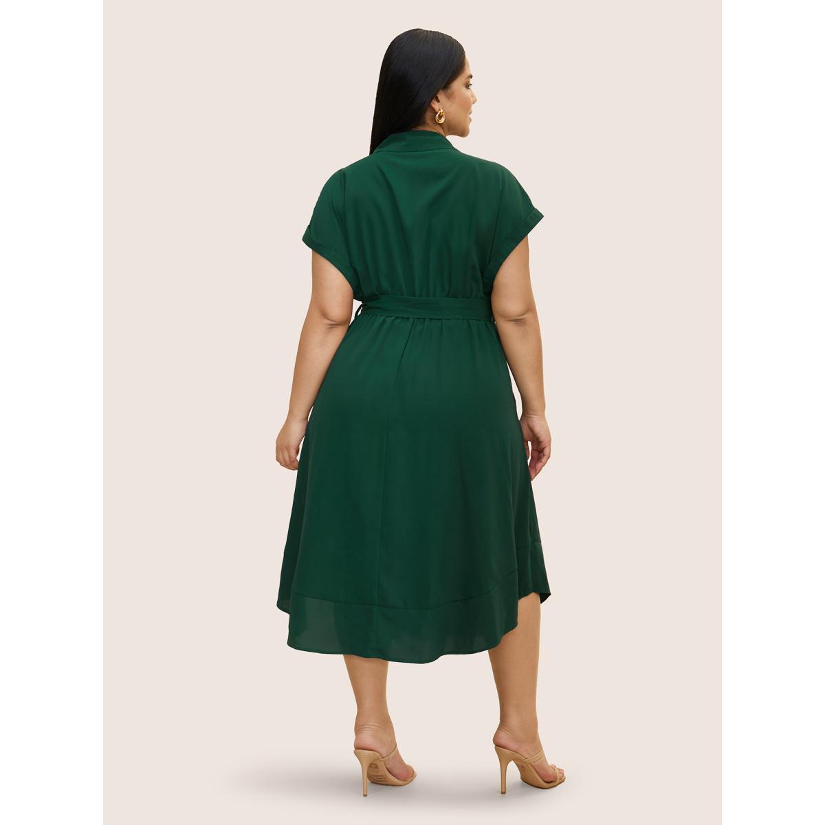 Plus Size Suit Collar Button Detail Batwing Sleeve Dress DarkGreen Women At the Office Belted Suit Collar Cap Sleeve Curvy BloomChic 14-16/1X Product Image