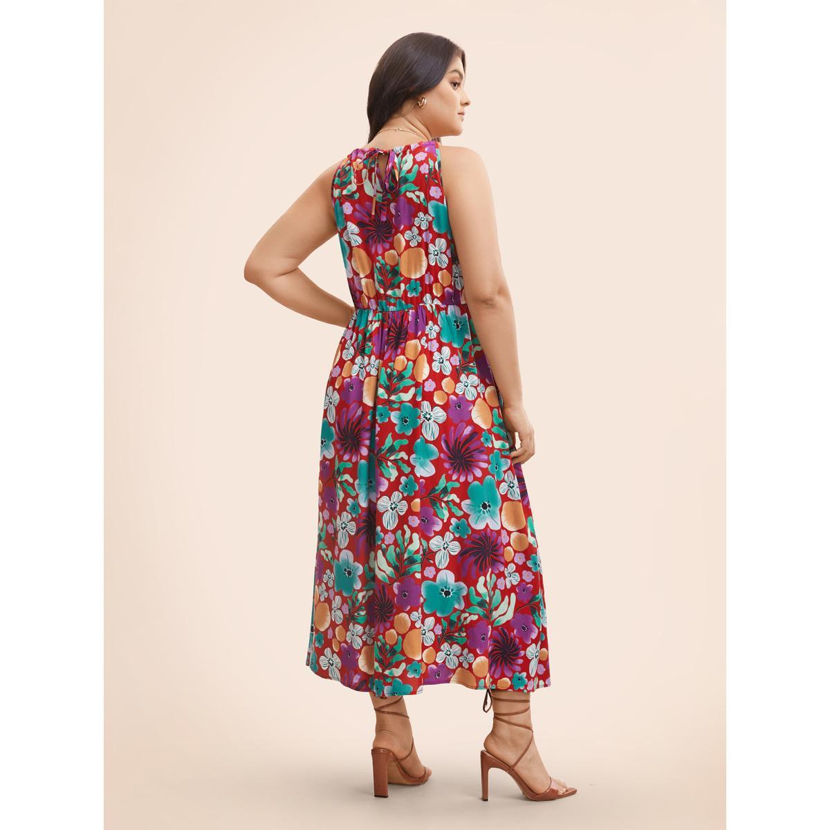 Plus Size Floral Printed Patchwork Side Seam Pocket Dress Burgundy Women Resort Gathered Non Sleeveless Curvy BloomChic 18-20/2X Product Image