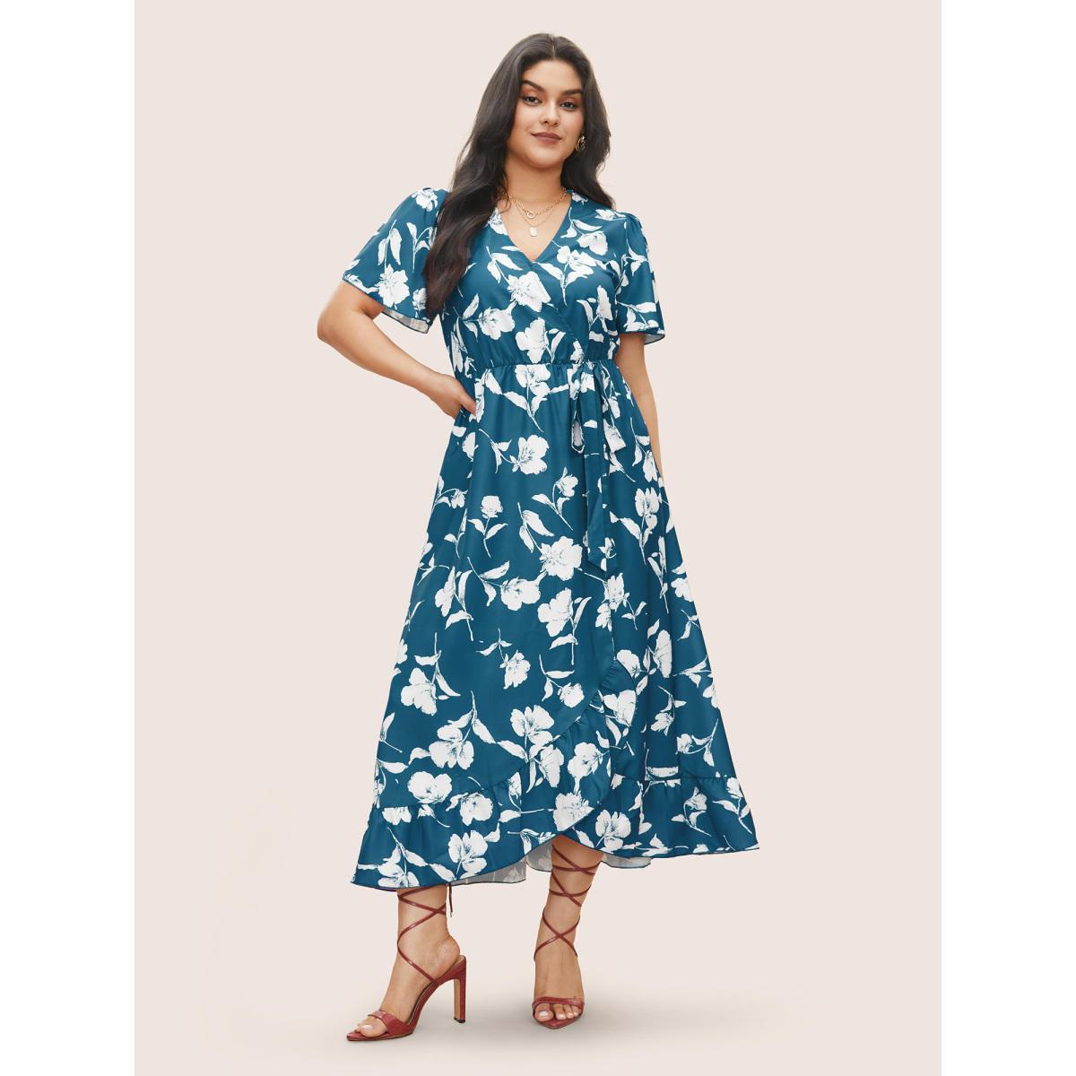 Plus Size Floral Ruffle Knot Side Wrap Dress Teal Women Elegant Ruffles V-neck Short sleeve Curvy Midi Dress BloomChic 30/6X Product Image