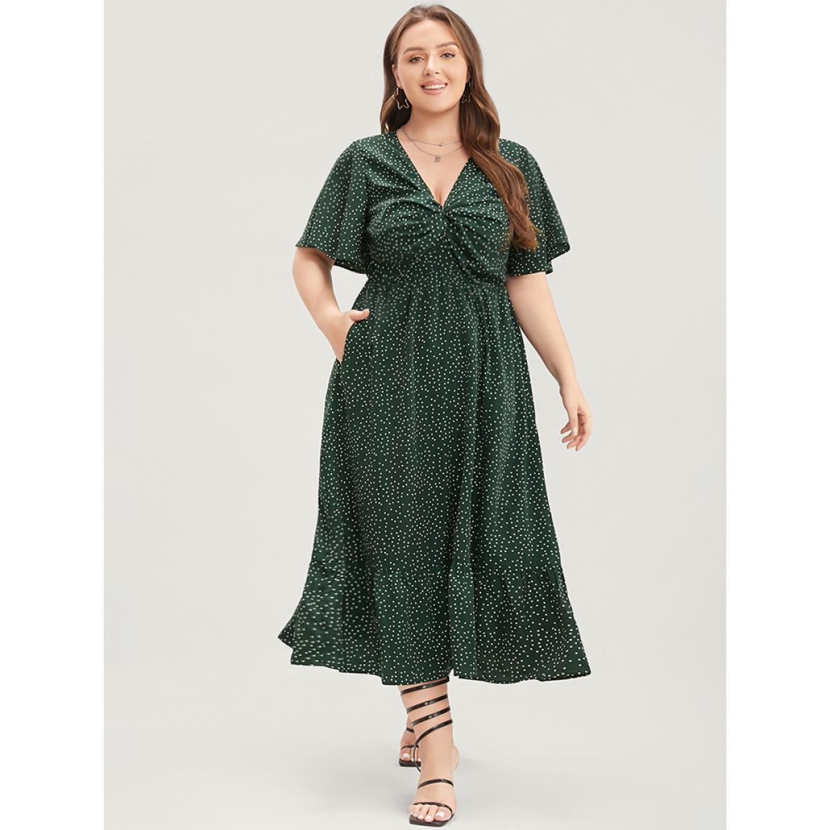Plus Size Polka Dot Twist Front Pocket Flutter Hem Dress DarkGreen Women Elegant Pocket V-neck Short sleeve Curvy Midi Dress BloomChic 12/L Product Image