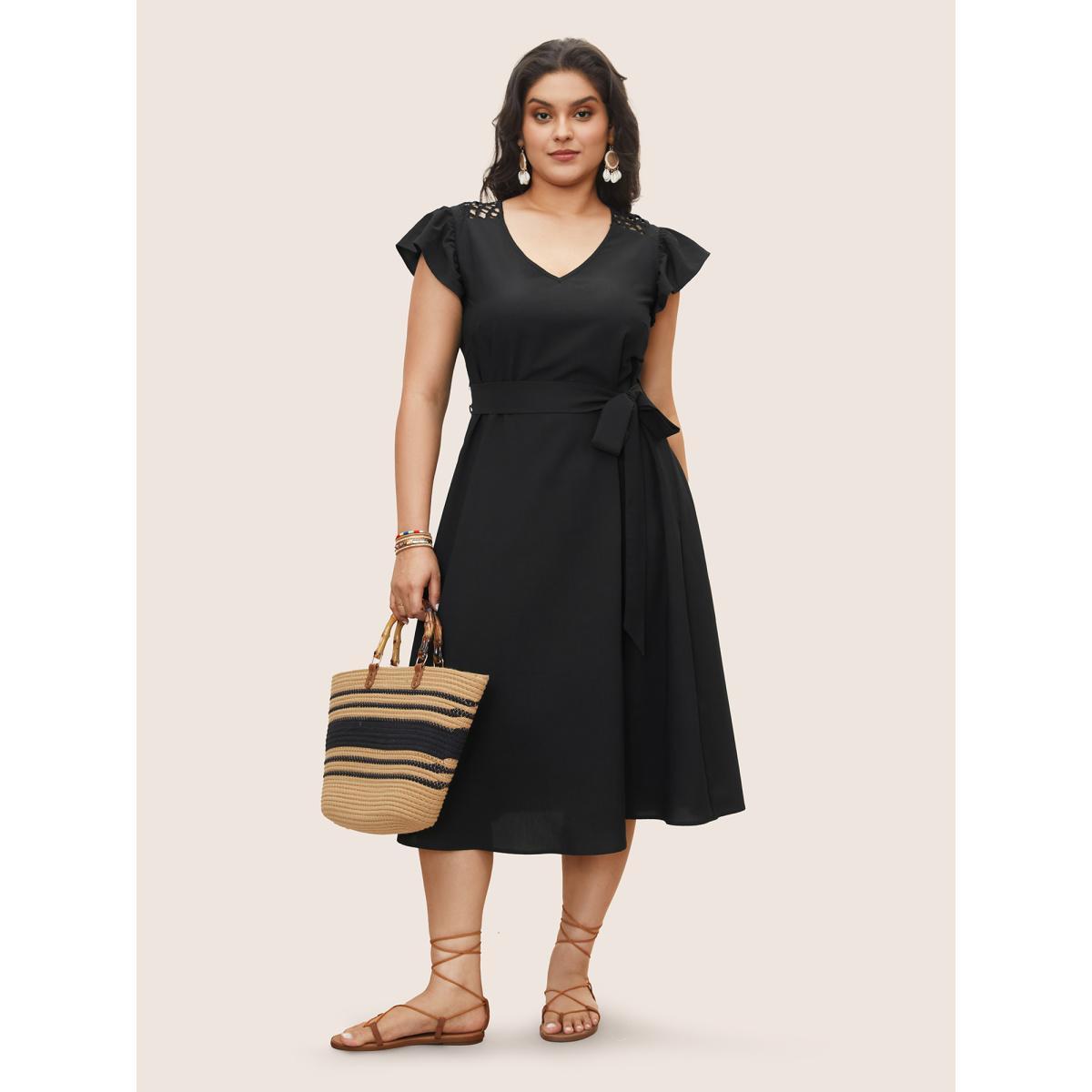 Plus Size Solid Cut Out Ruffle Cap Sleeve Dress Black Women Resort Woven ribbon&lace trim V-neck Cap Sleeve Curvy Midi Dress BloomChic 28/5X Product Image