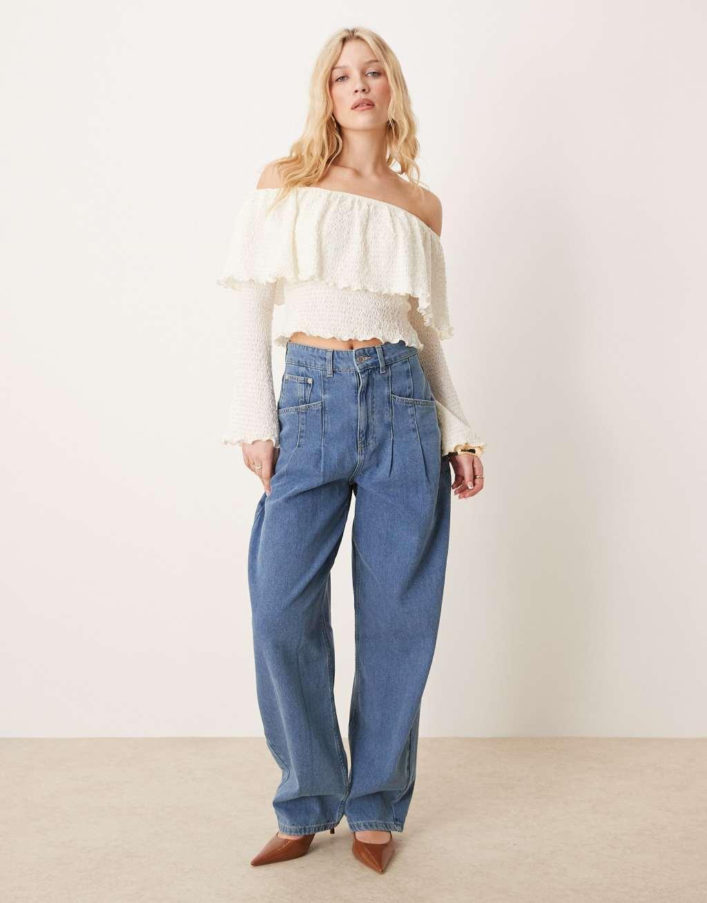 ASOS DESIGN wavy textured bardot top with fluted cuff detail in cream Product Image