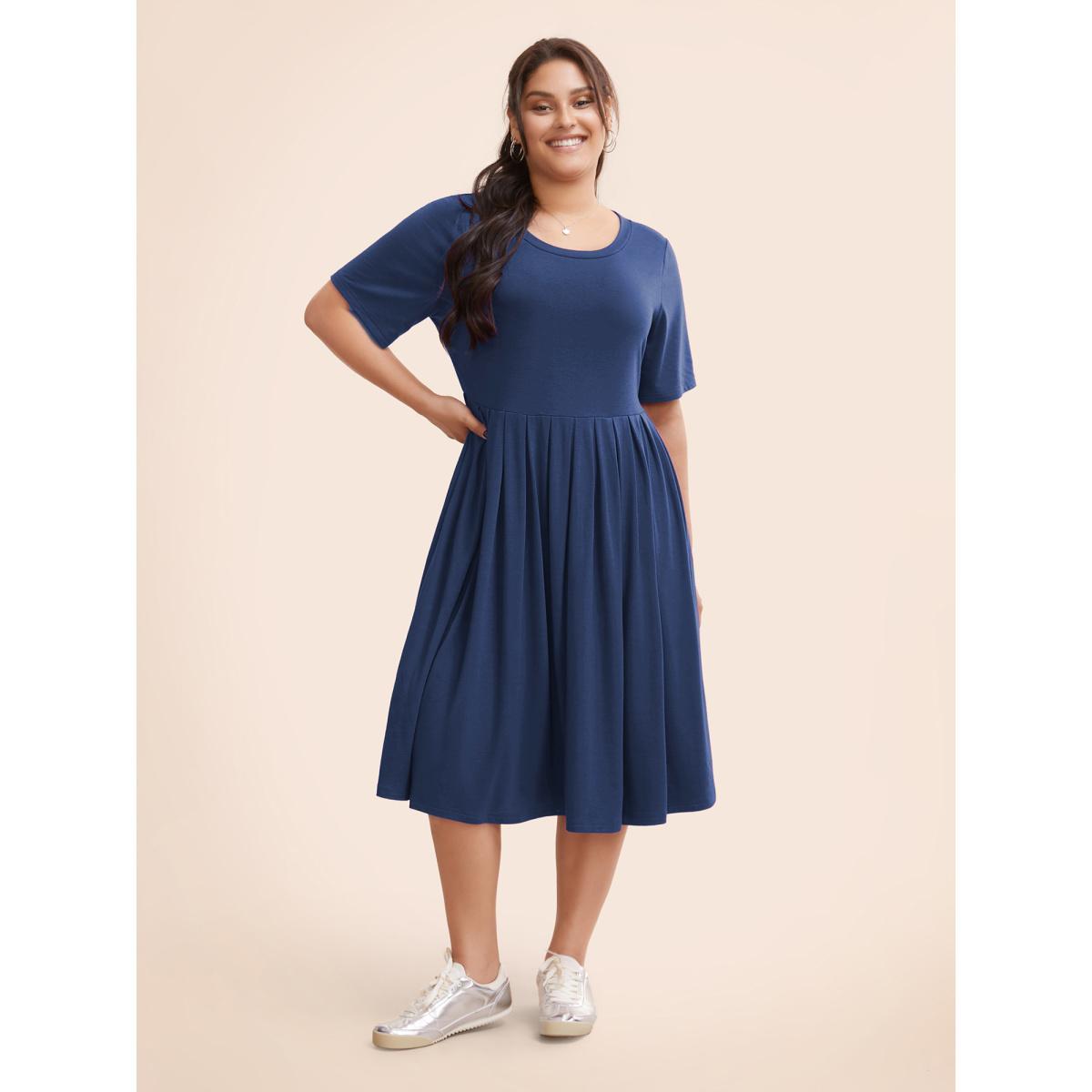 Plus Size Supersoft Essentials Solid Pleated Round Neck Midi Dress DarkBlue Women Casual Plain Round Neck Short sleeve Curvy Midi Dress BloomChic 14-16/1X Product Image