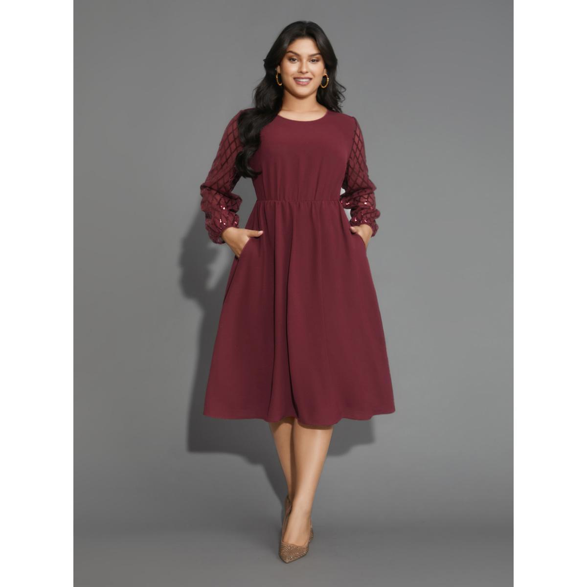 Plus Size Texture Sequin Mesh Patchwork Belted Dress Burgundy Women Cocktail Texture Round Neck Long Sleeve Curvy BloomChic 22-24/3X Product Image