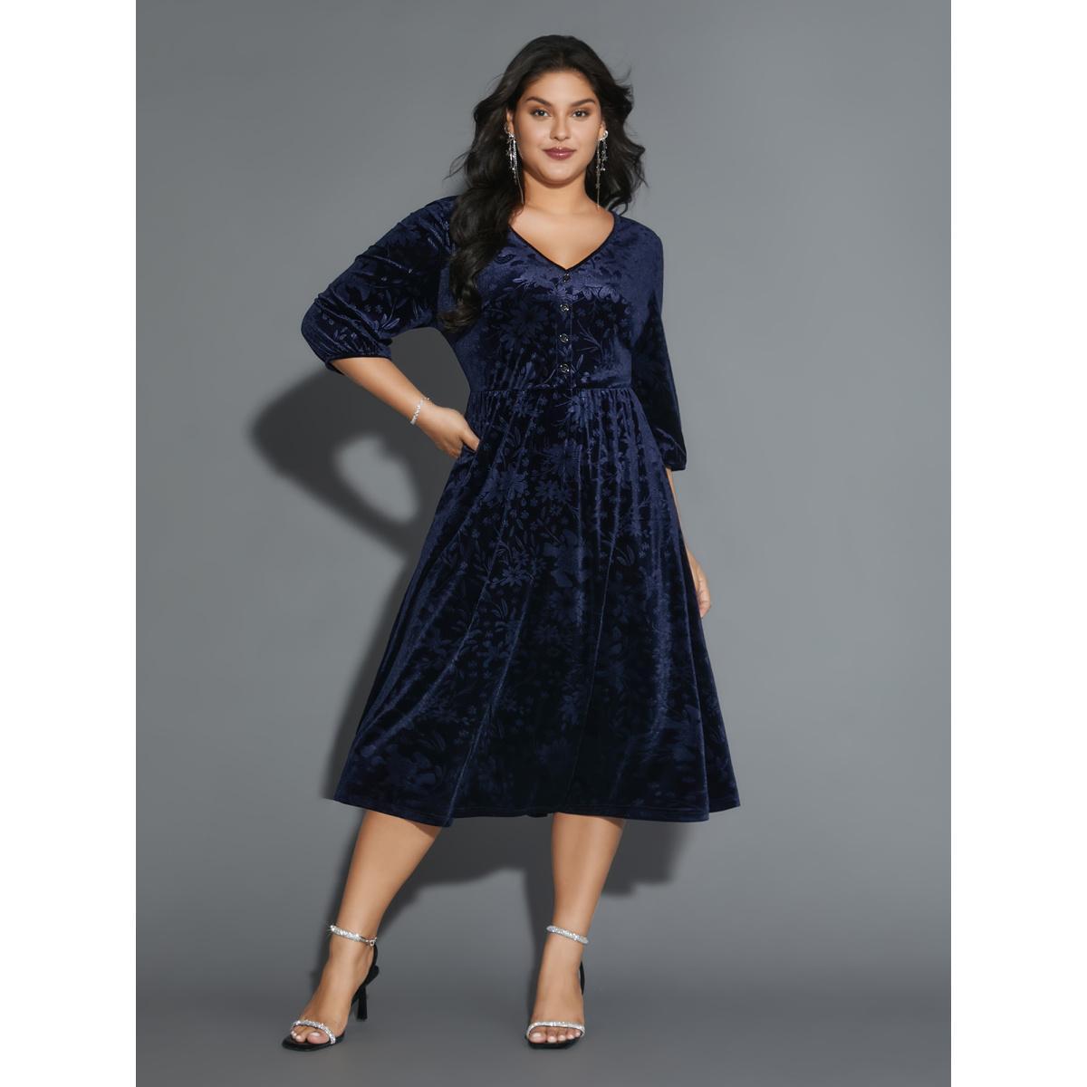 Plus Size Velvet Button Detail V-Shaped Neck Dress DarkBlue Women Cocktail Texture V-neck Elbow-length sleeve Curvy BloomChic 14-16/1X Product Image