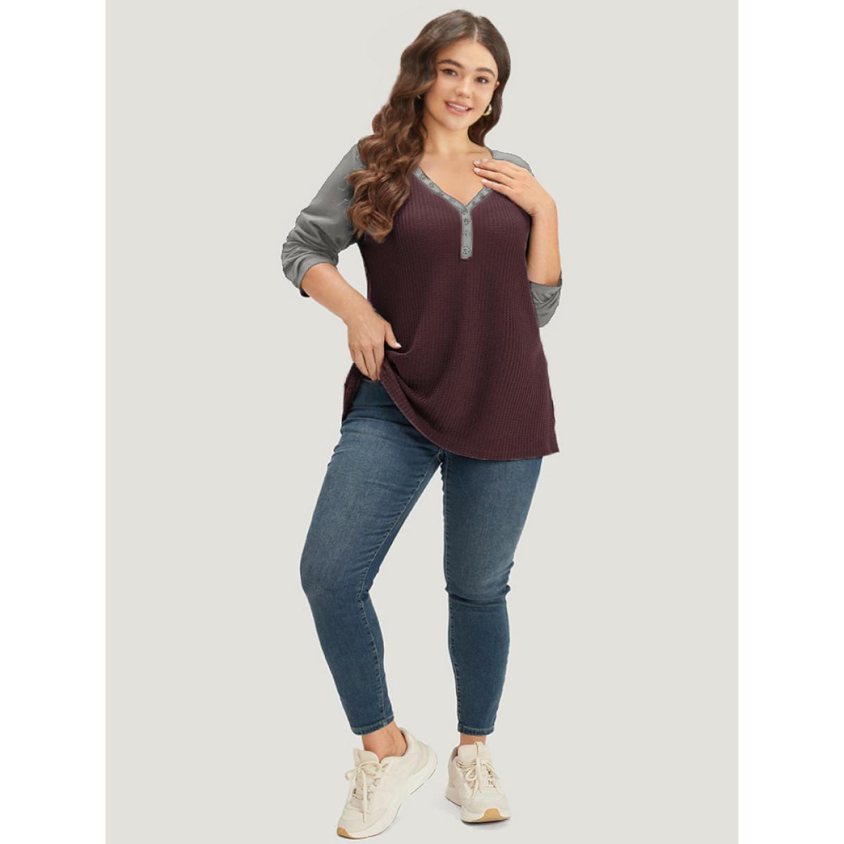Plus Size Waffle Knit Raglan Sleeve Metal Buckle Detail T-shirt Burgundy Women Casual Contrast Plain V-neck Everyday T-shirts BloomChic 14-16/1X Product Image