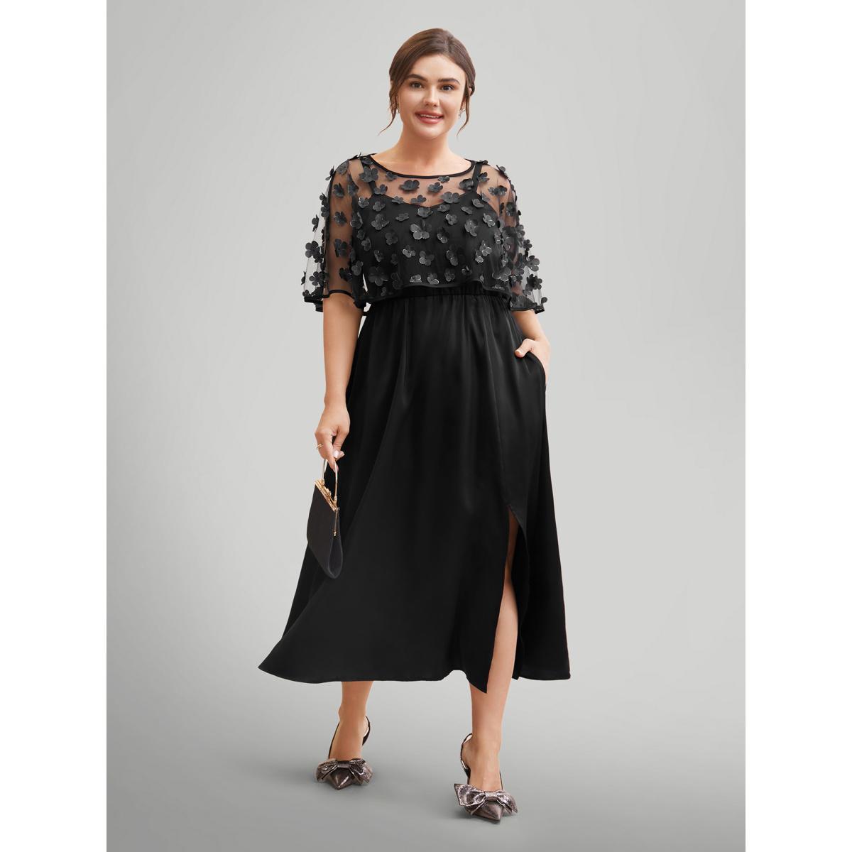 Plus Size Two-Piece Appliques Mesh Shawl Split Hem Dress Black Women Cocktail Texture Round Neck Short sleeve Curvy BloomChic 28/5X Product Image