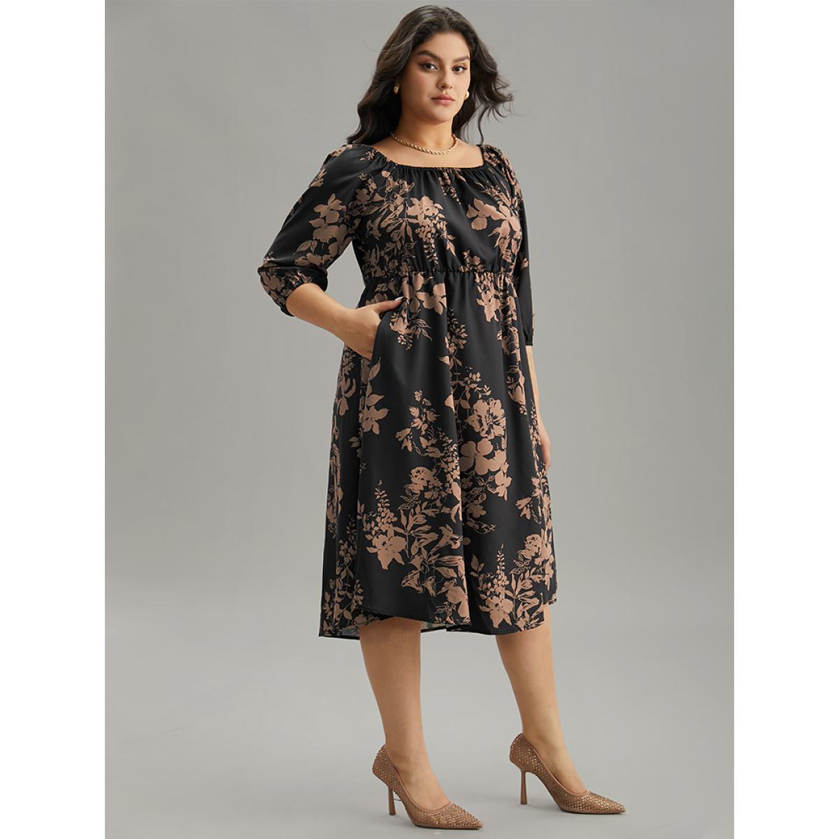 Plus Size Silhouette Floral Print Elastic Cuffs Dress Black Women Elegant Elastic cuffs Square Neck Elbow-length sleeve Curvy Midi Dress BloomChic 12/L Product Image