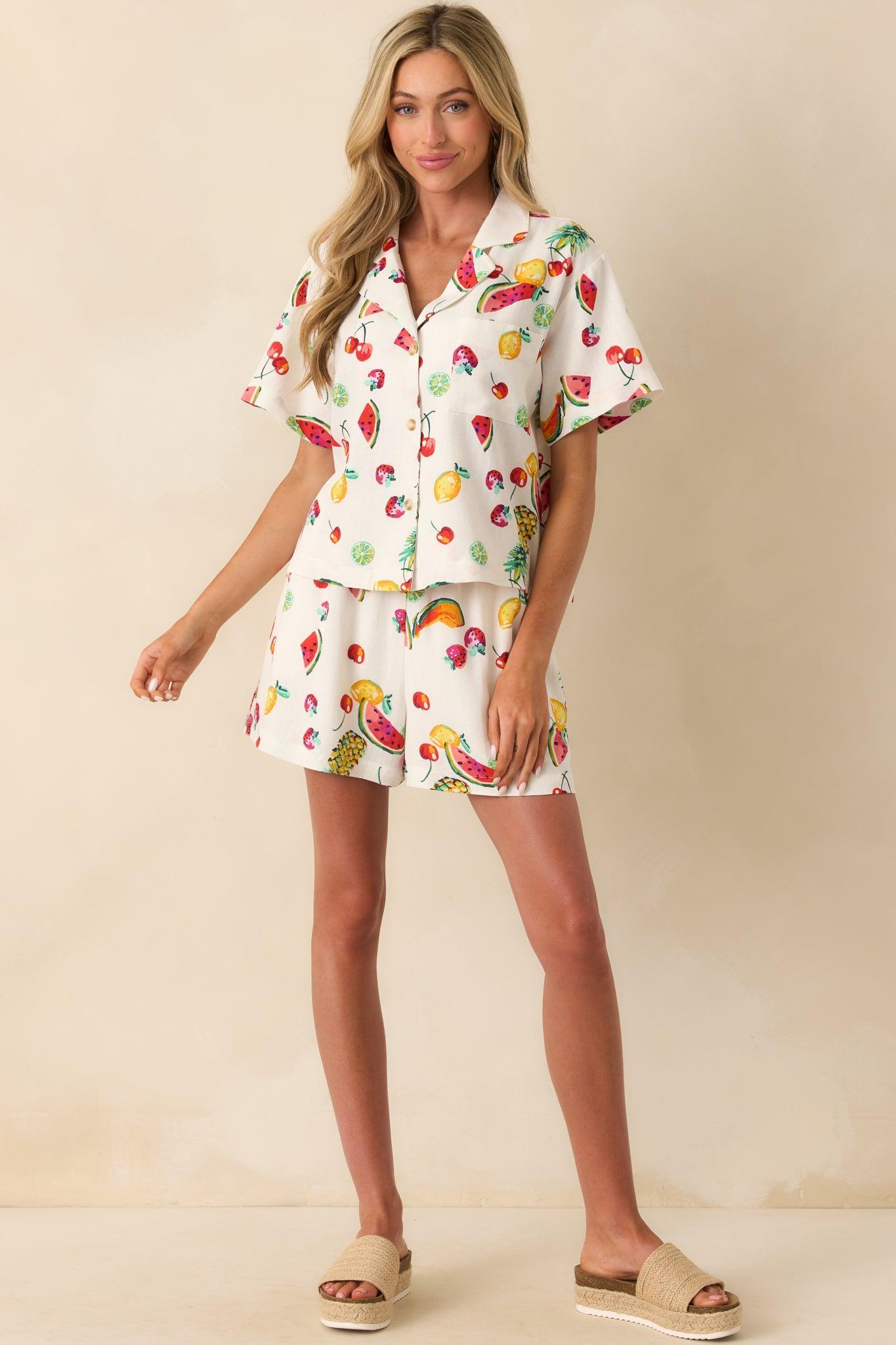 Just Like Before Ivory Multi Fruit Print Button Front Top Product Image