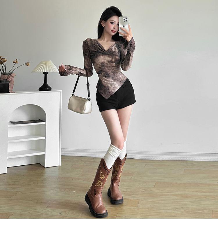 Long Sleeve V-Neck Distressed Hem Tee Product Image
