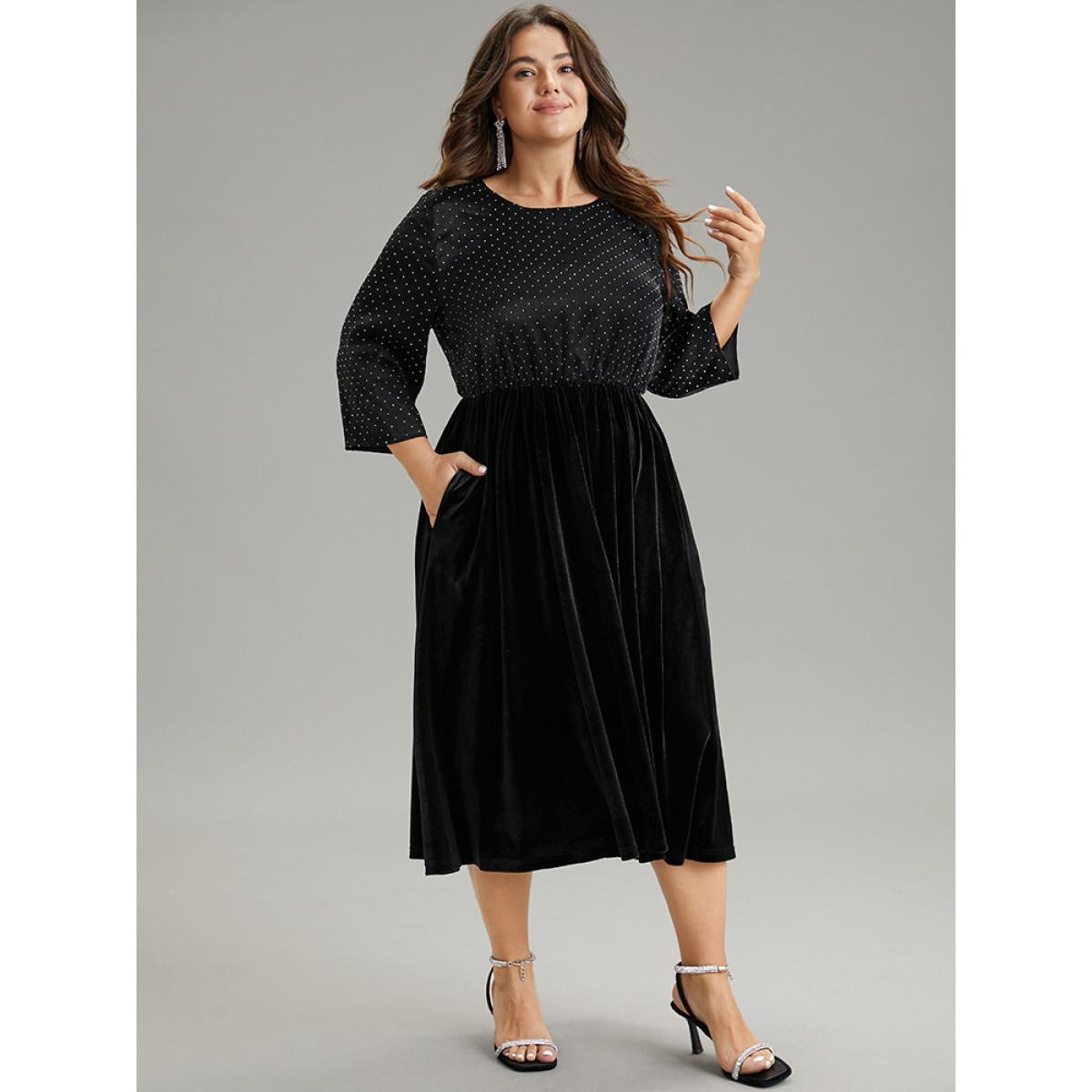 Plus Size Rhinestone Patchwork Velvet Elastic Waist Dress Black Women Glamour Velvet Round Neck Elbow-length sleeve Curvy Midi Dress BloomChic 18-20/2X Product Image