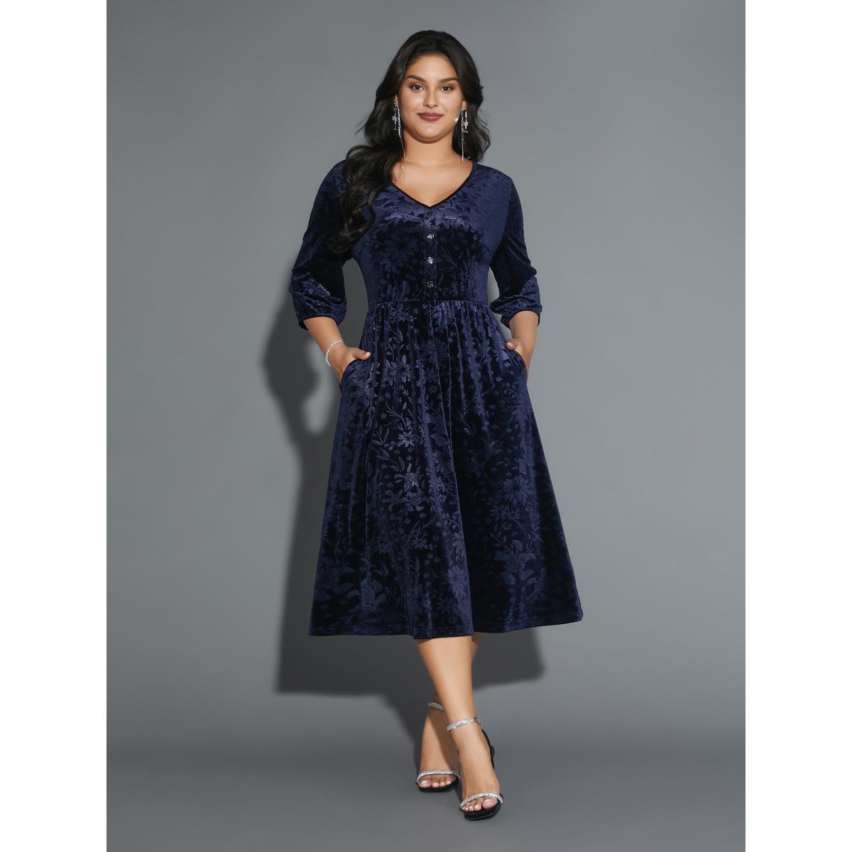 Plus Size Velvet Button Detail V-Shaped Neck Dress DarkBlue Women Cocktail Texture V-neck Elbow-length sleeve Curvy BloomChic 14-16/1X Product Image