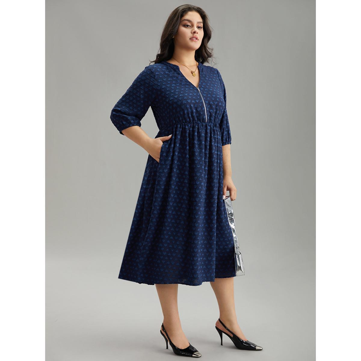 Plus Size Plain Heart Textured Half Zip Notched Dress Indigo Women Office Elastic cuffs Notched collar Elbow-length sleeve Curvy Midi Dress BloomChic 28/5X Product Image