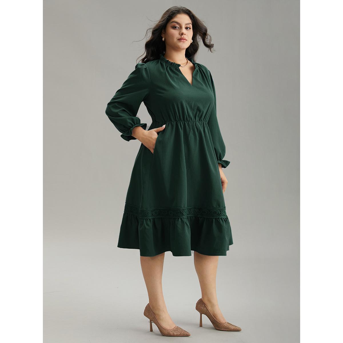 Plus Size Solid Frill Trim Guipure Lace Flutter Sleeve Dress Black Women At the Office Plain Notched collar Long Sleeve Curvy Midi Dress BloomChic 22-24/3X Product Image