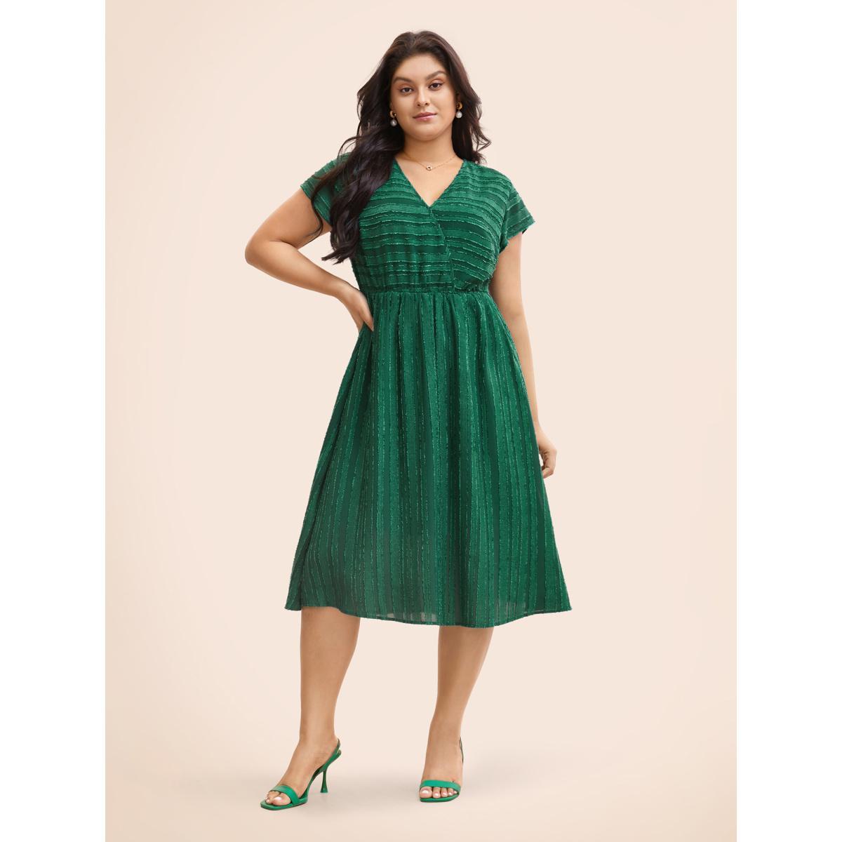 Plus Size Overlap Collar Plain Textured Midi Dress DarkGreen Women Elegant Texture Overlap Collar Cap Sleeve Curvy BloomChic 26/4X Product Image