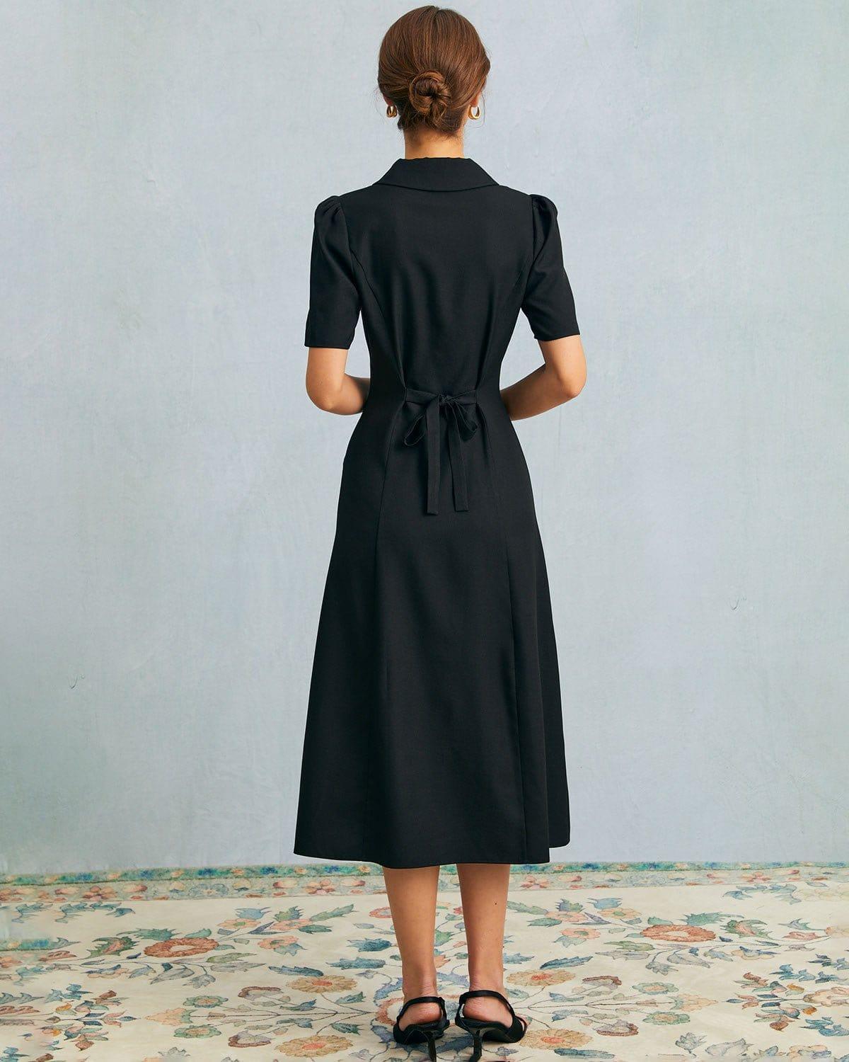 The Black V Neck Button Puff Sleeve Midi Dress Product Image