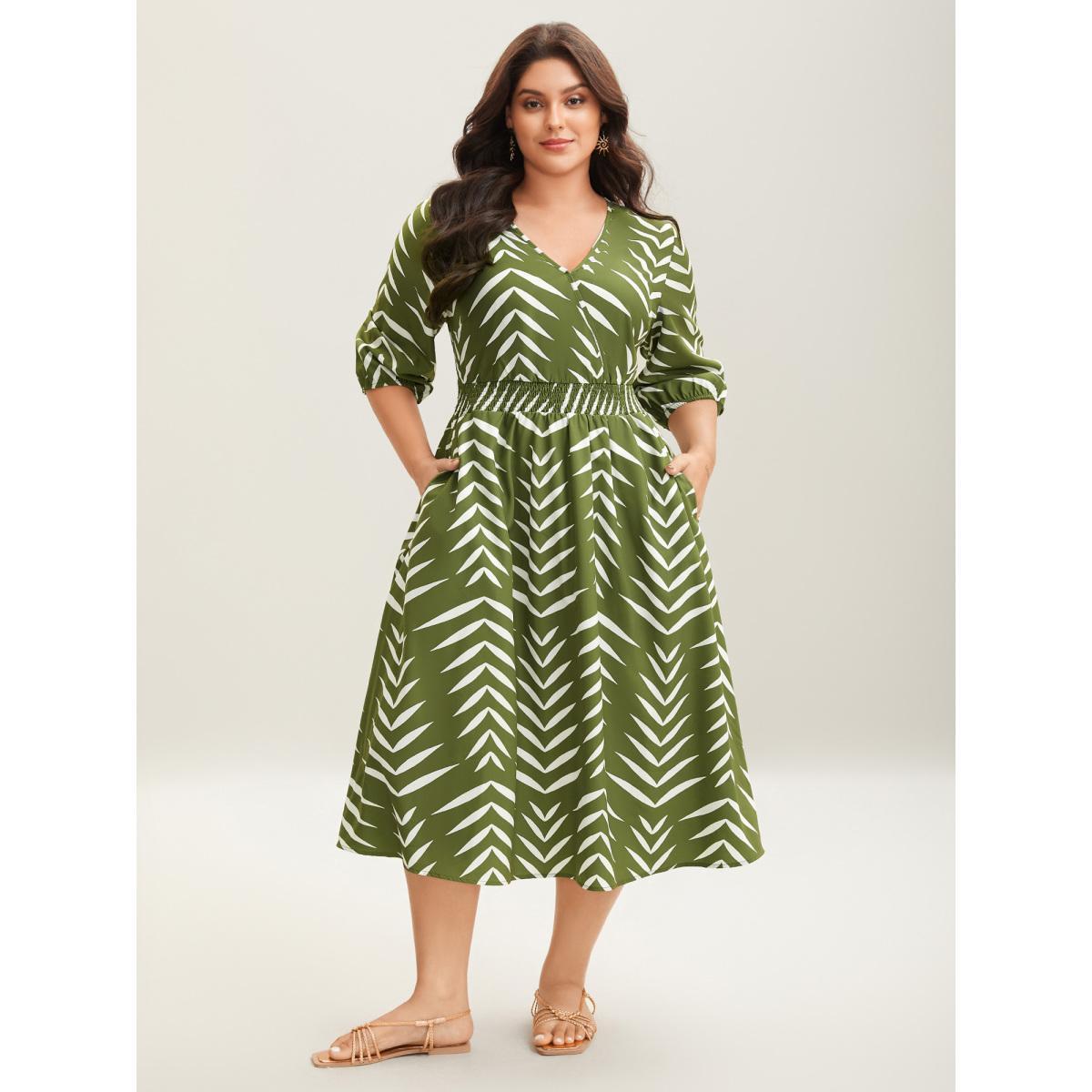 Plus Size Tree Print Wrap Shirred Pockets Midi Dress Olive Women Shirred Overlap Collar Elbow-length sleeve Curvy BloomChic 10/M Product Image