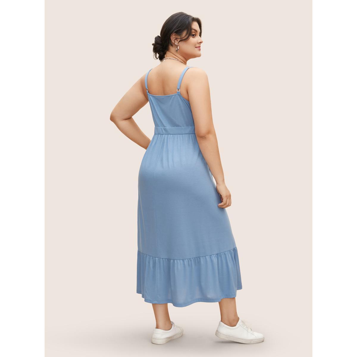 Plus Size U Neck Solid Patchwork Ruffle Hem Maxi Dress LightBlue Women Basics Gathered U-neck Sleeveless Curvy BloomChic 22-24/3X Product Image