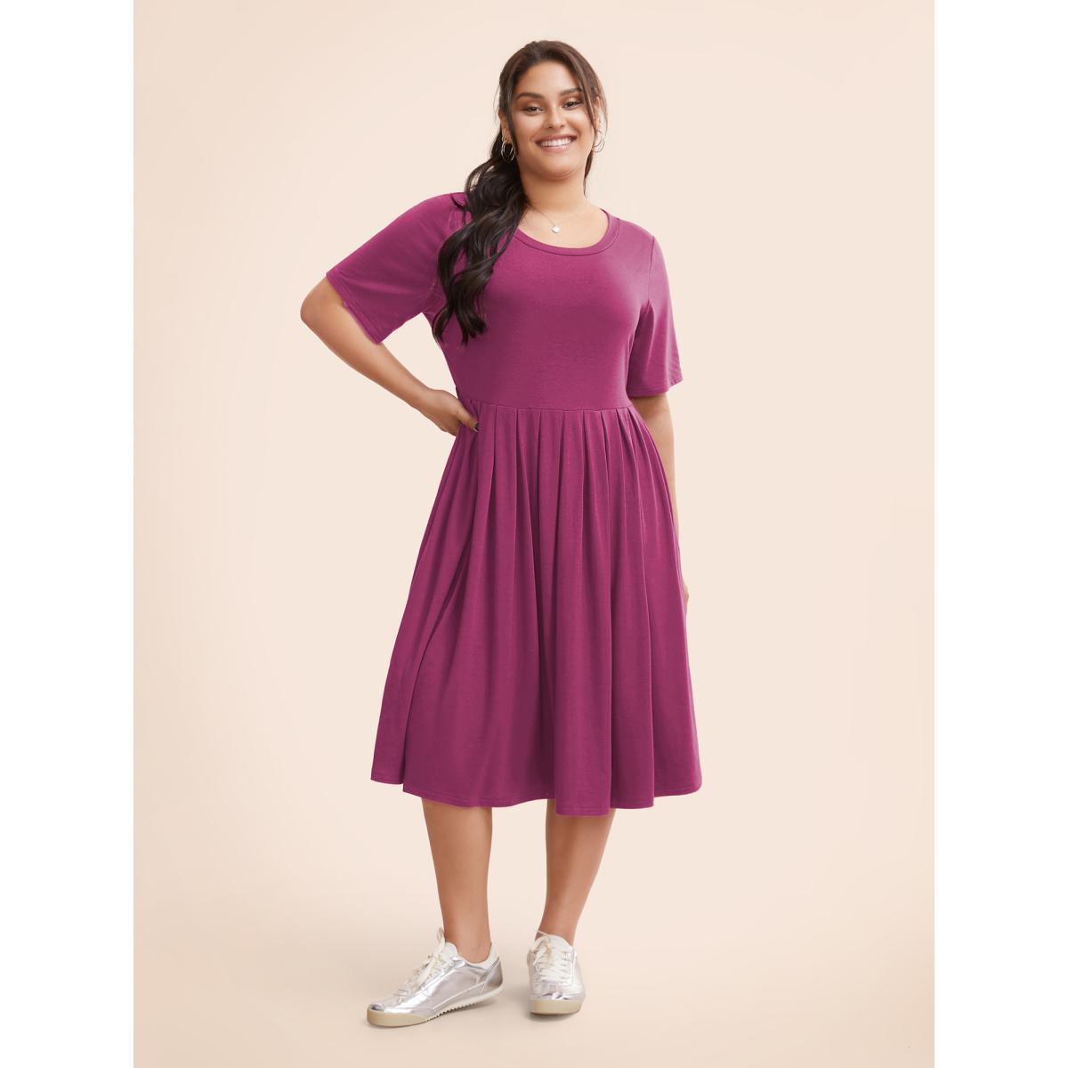 Plus Size Supersoft Essentials Solid Pleated Round Neck Midi Dress RedViolet Women Casual Plain Round Neck Short sleeve Curvy Midi Dress BloomChic 12/L Product Image
