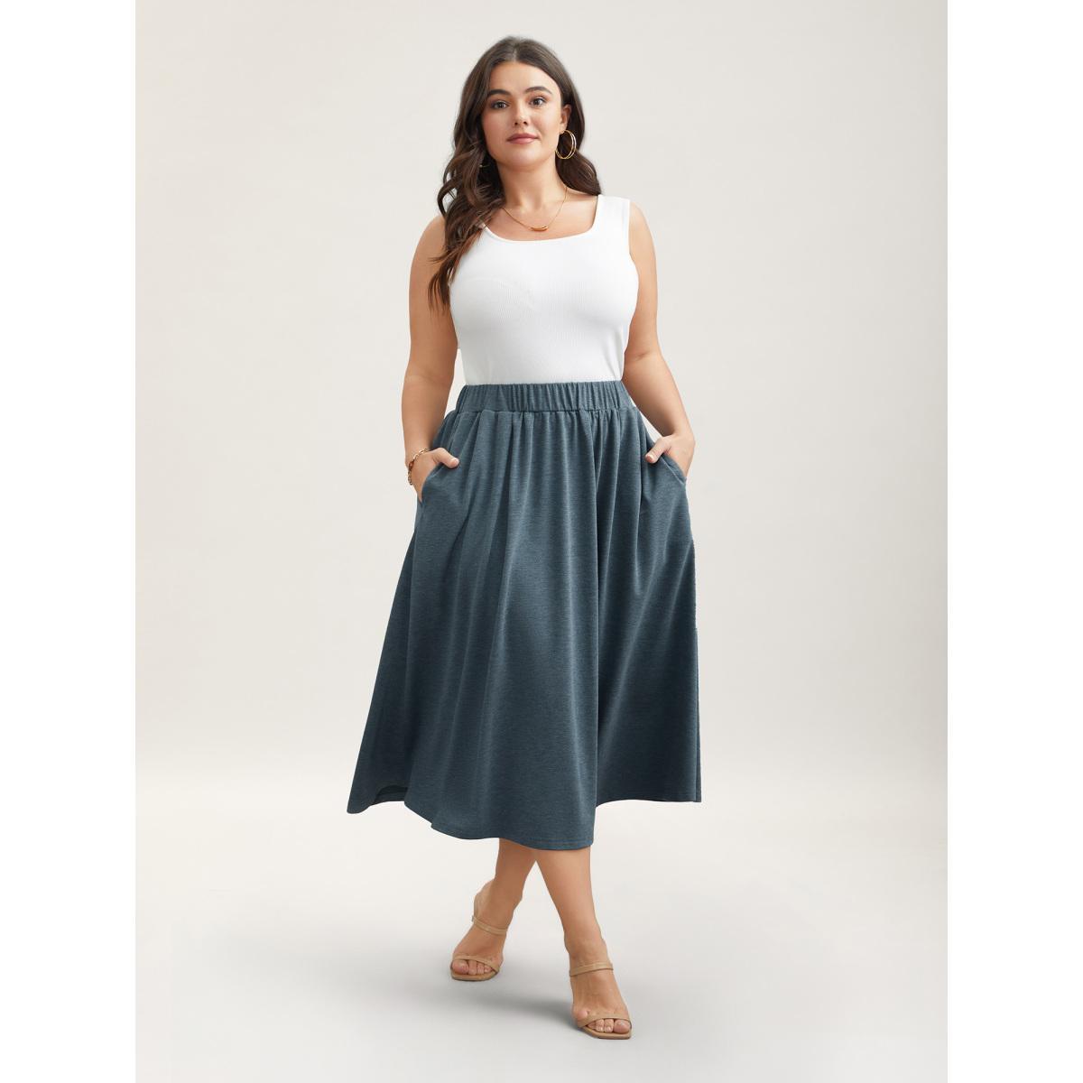 Plus Size Heather Stretchy-Waist Pleated Midi Skirt Women DarkSlateGray Elegant Gathered Medium stretch Slanted pocket Everyday Skirts BloomChic 28/5X Product Image